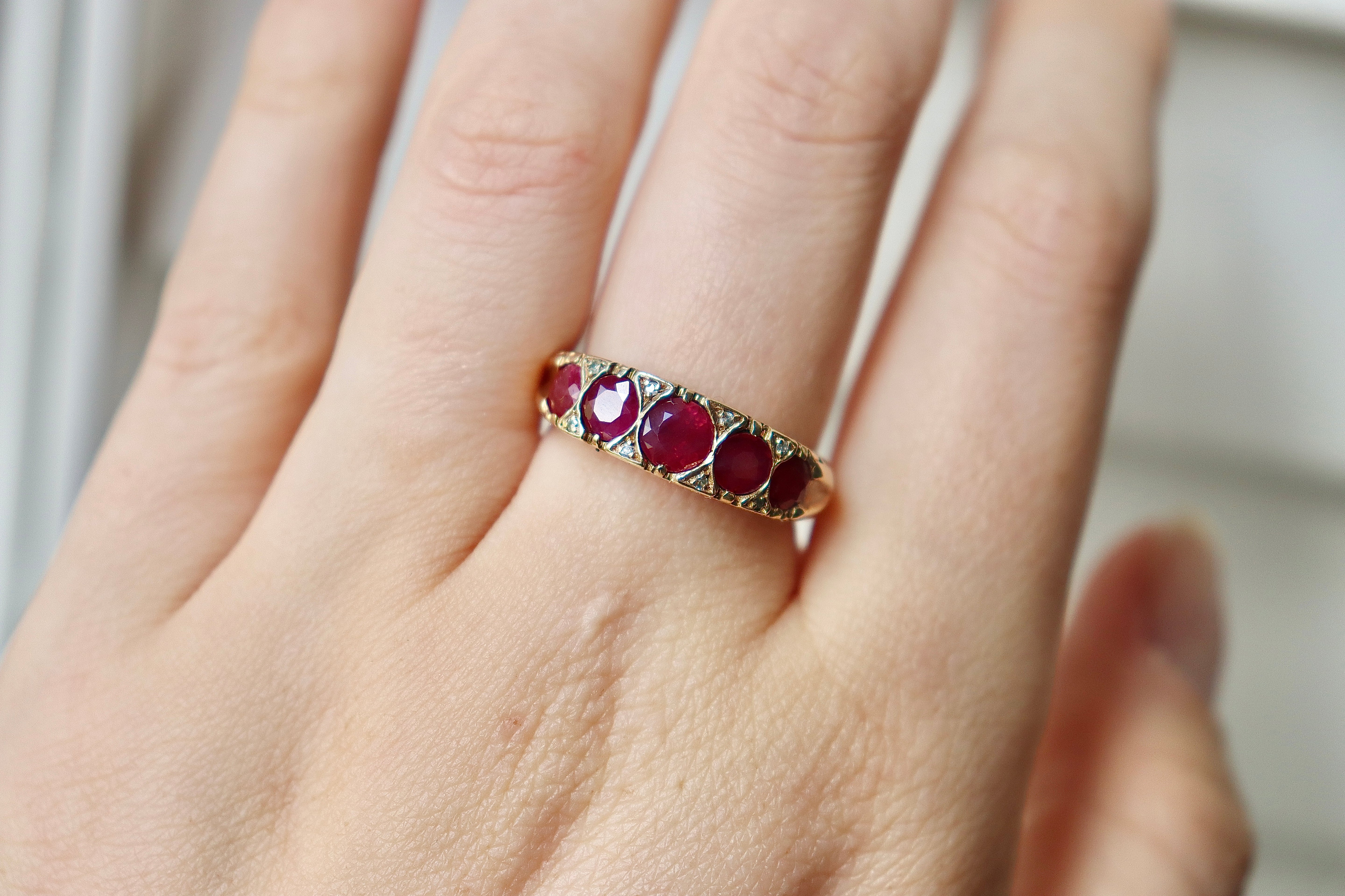 9ct Yellow Gold 5 Stone Ruby and Diamond Vintage Ring