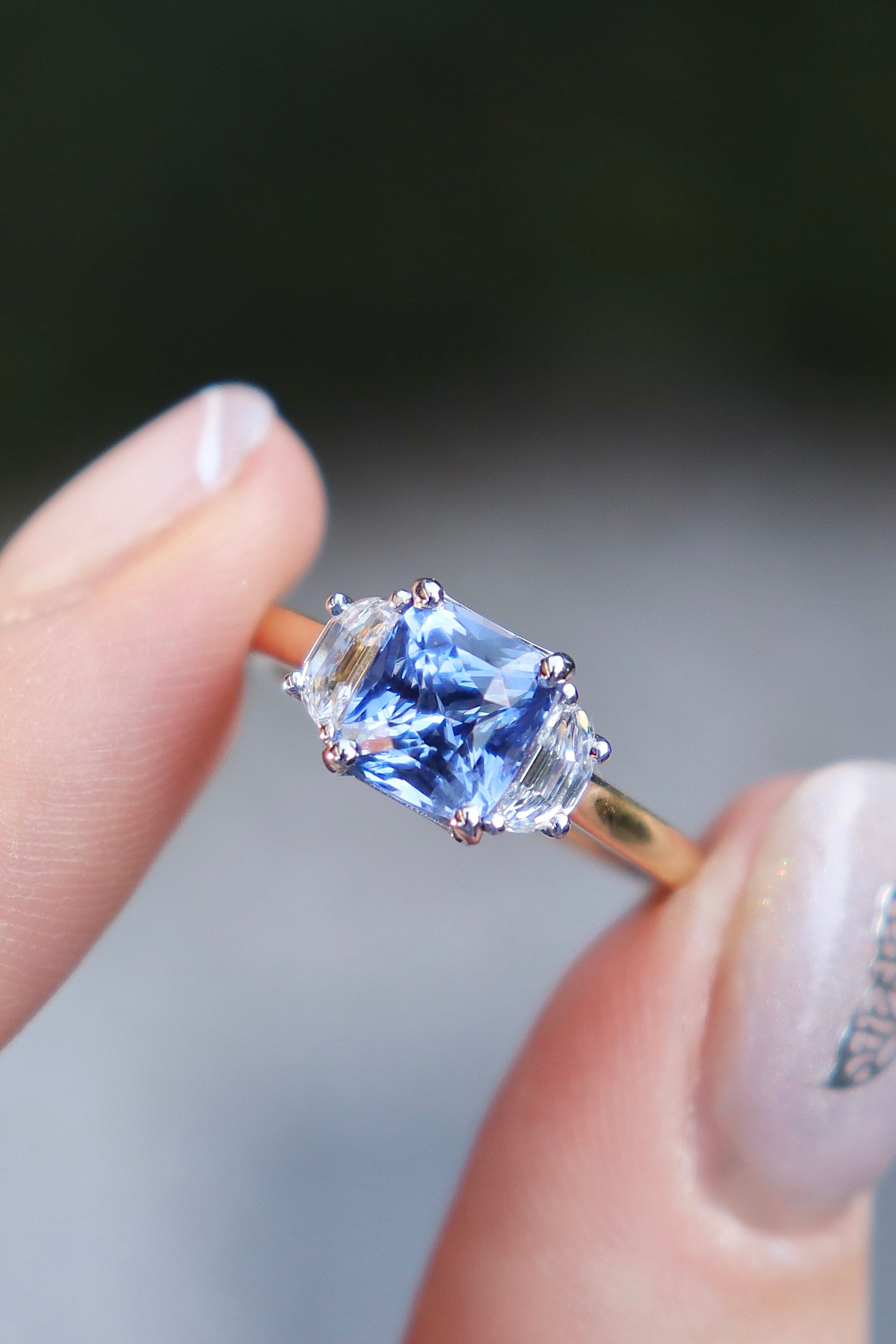 18ct Yellow and White Gold Cushion Sapphire and Half Moon Diamond 3 Stone Ring