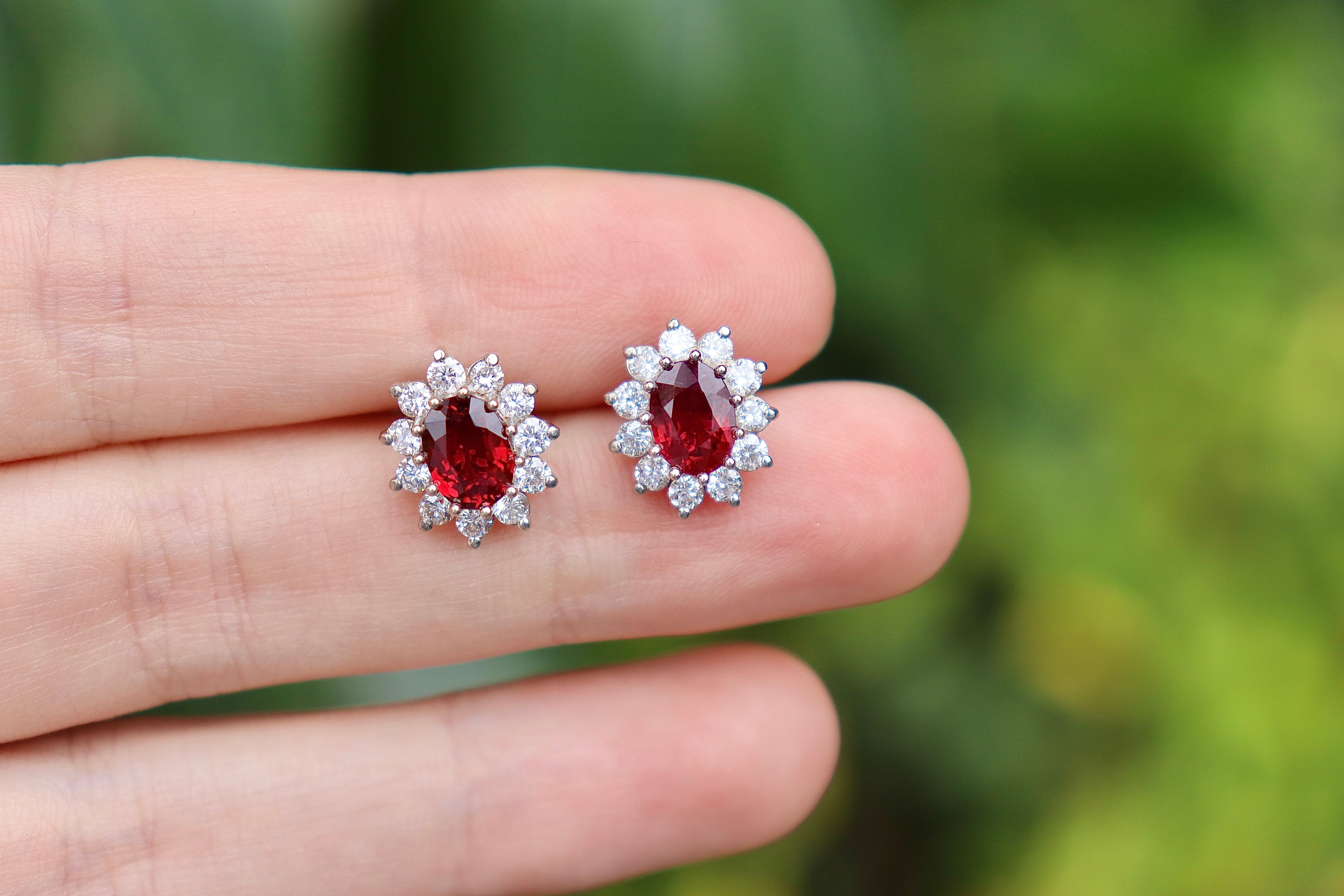14ct White Gold Ruby and Diamond Halo Earrings