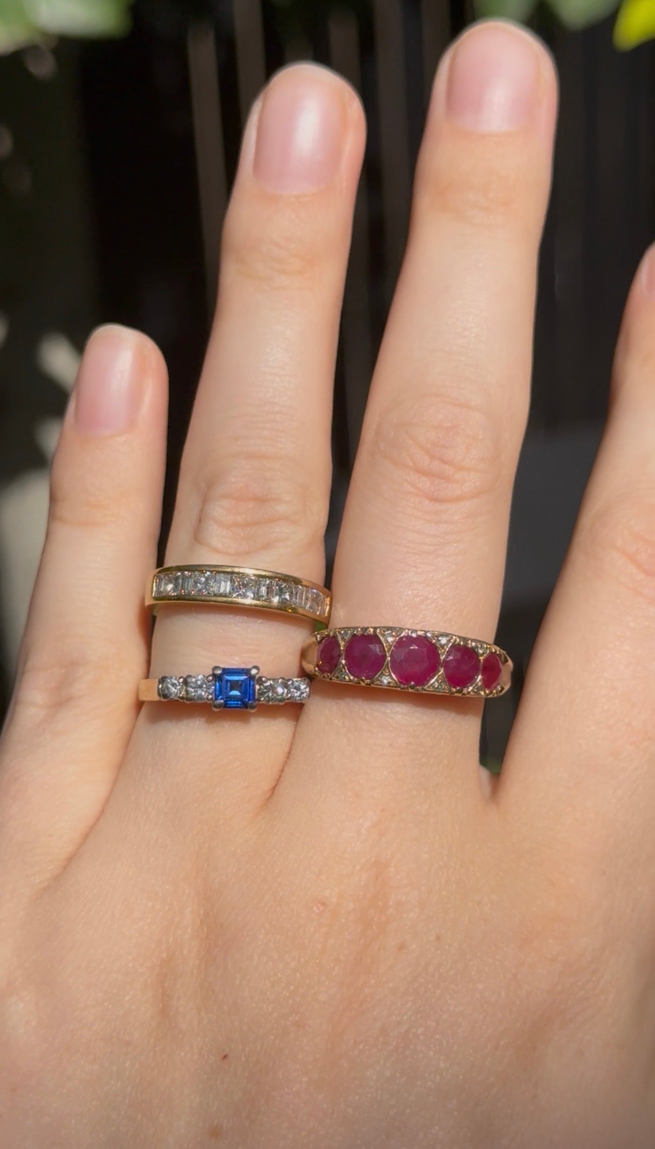 9ct Yellow and White Gold Square Sapphire and Diamond 5 Stone Ring