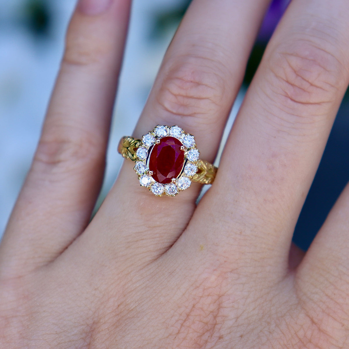 18ct Yellow Gold Antique Style Ruby and Diamond Halo Cluster Ring