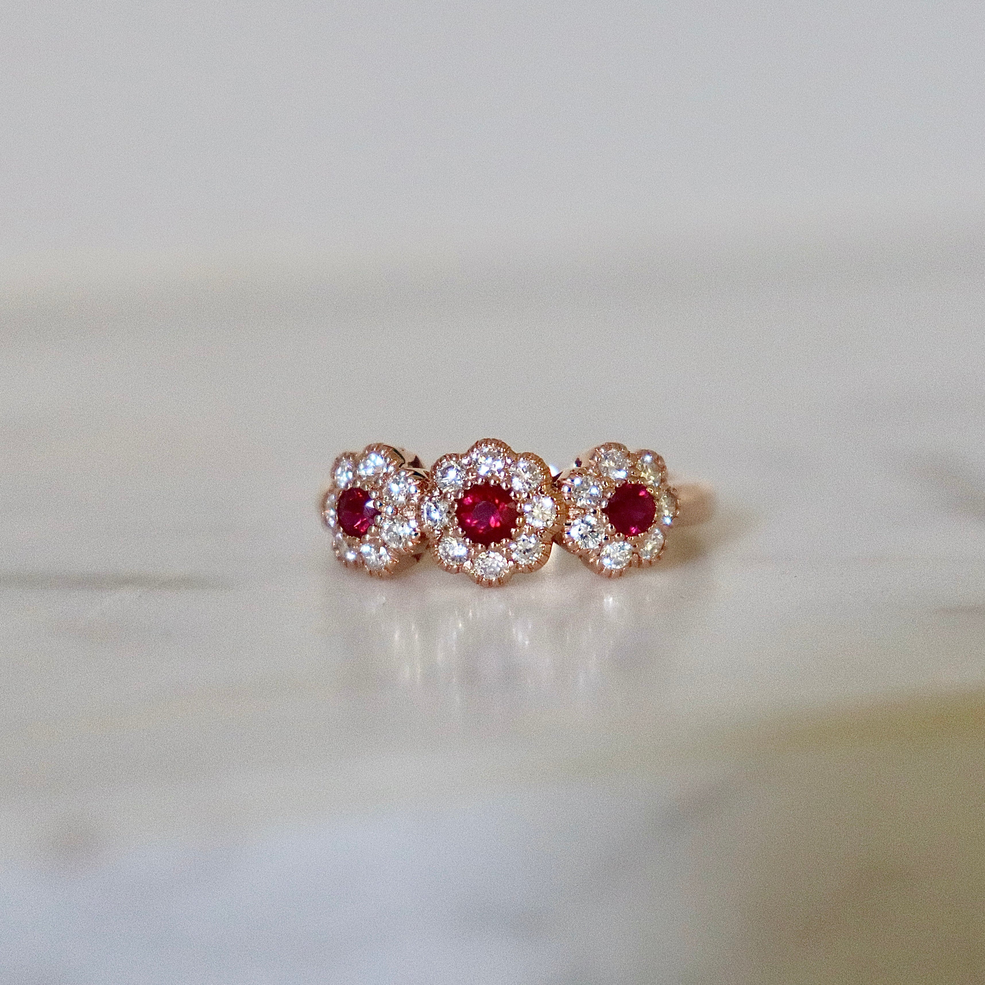 18ct Rose Gold Ruby and Diamond Triple Daisy Ring