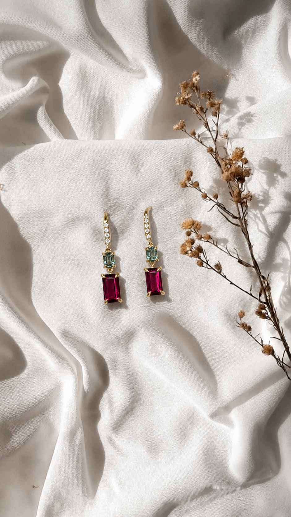18ct Yellow Gold, Green Sapphire, Rhodolite Garnet and Diamond Drop Earrings