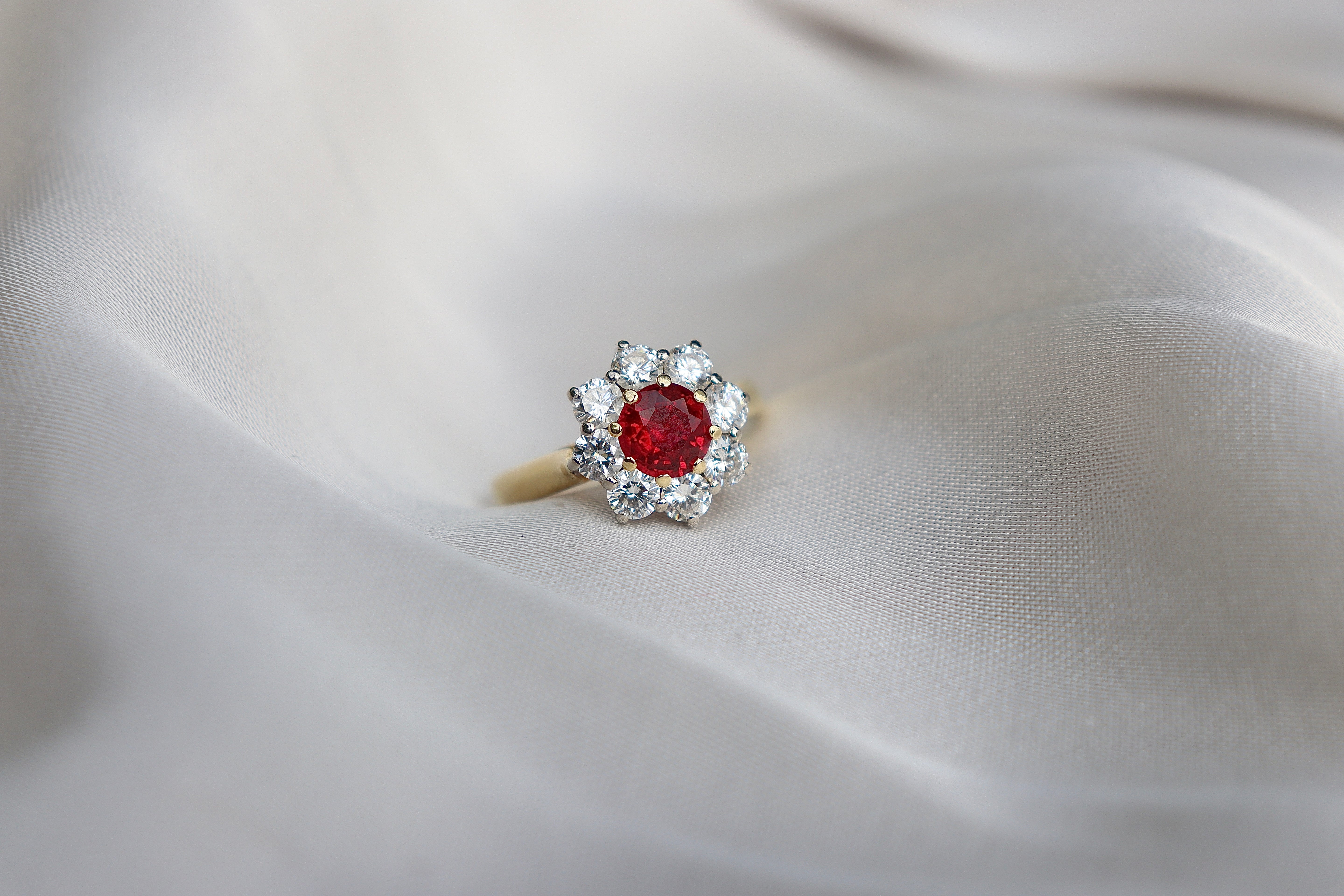 18ct Yellow Gold Ruby and Diamond Halo Cluster Ring
