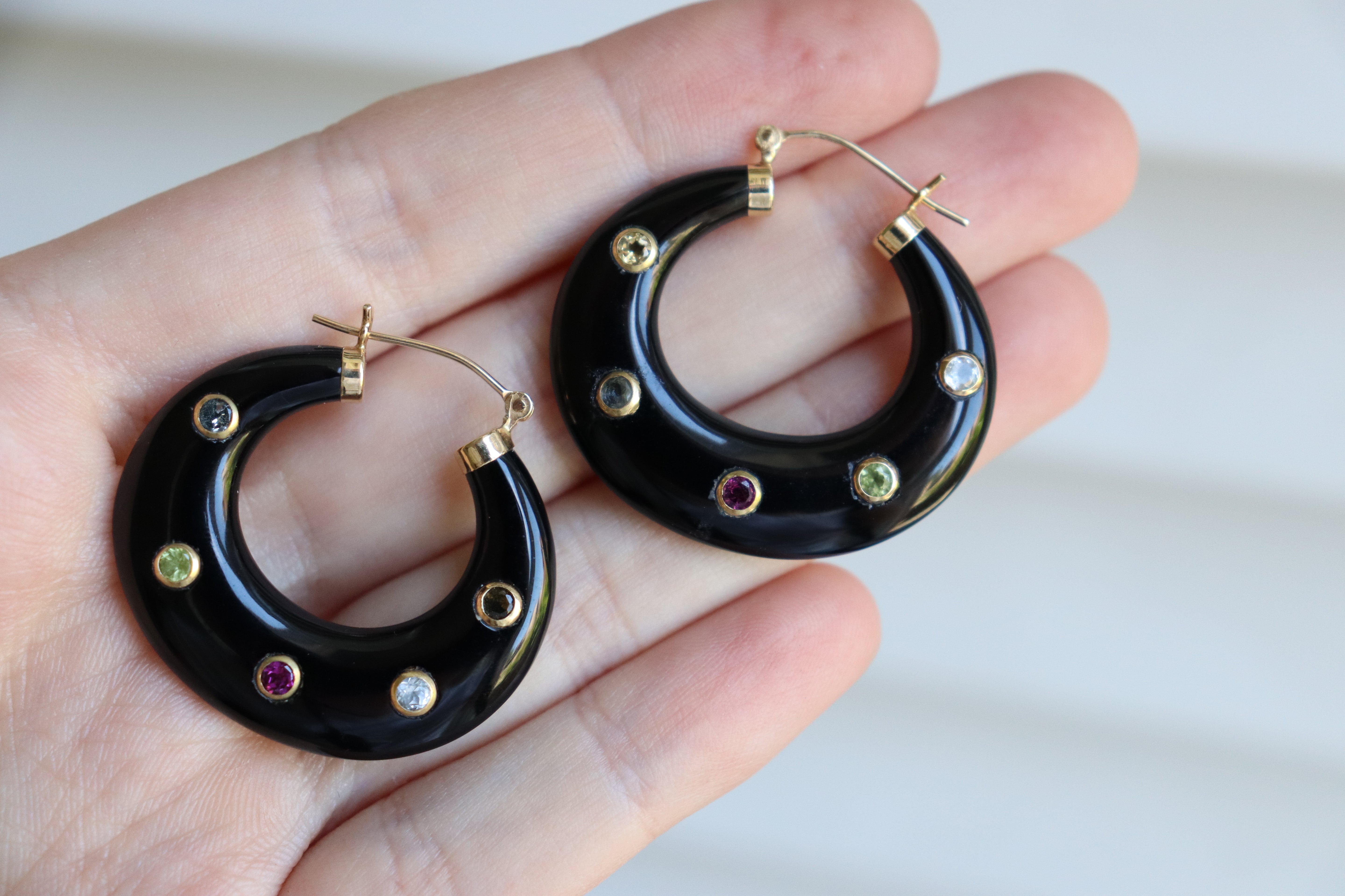 14ct Yellow Gold Onyx, Citrine, Peridot, Topaz and Quartz Hoop Earrings