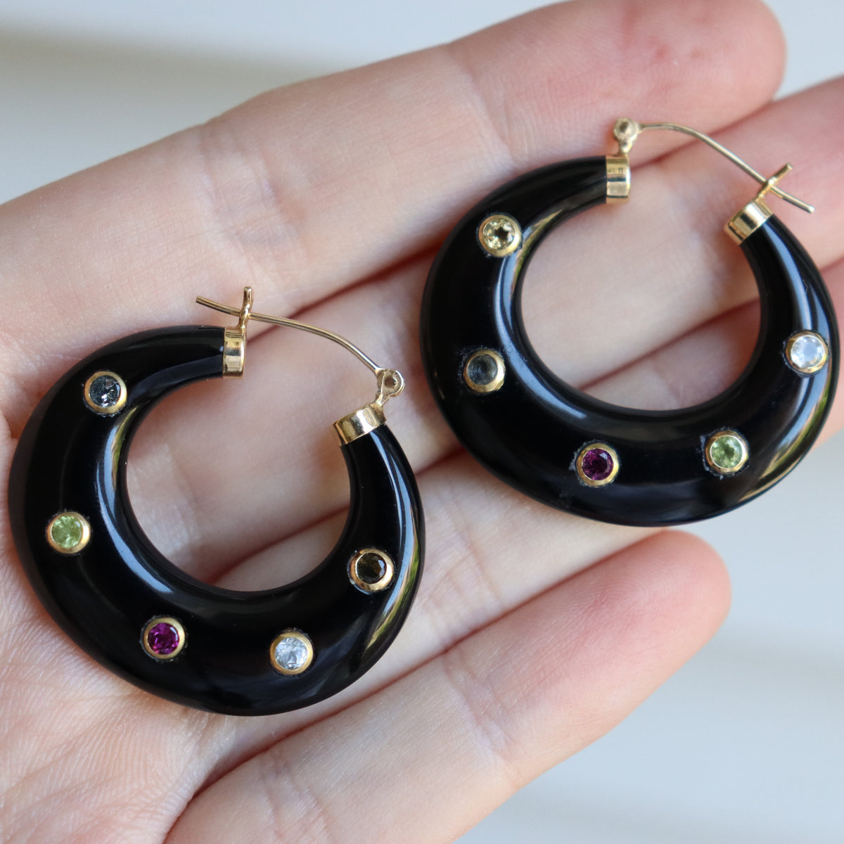 14ct Yellow Gold Onyx, Citrine, Peridot, Topaz and Quartz Hoop Earrings