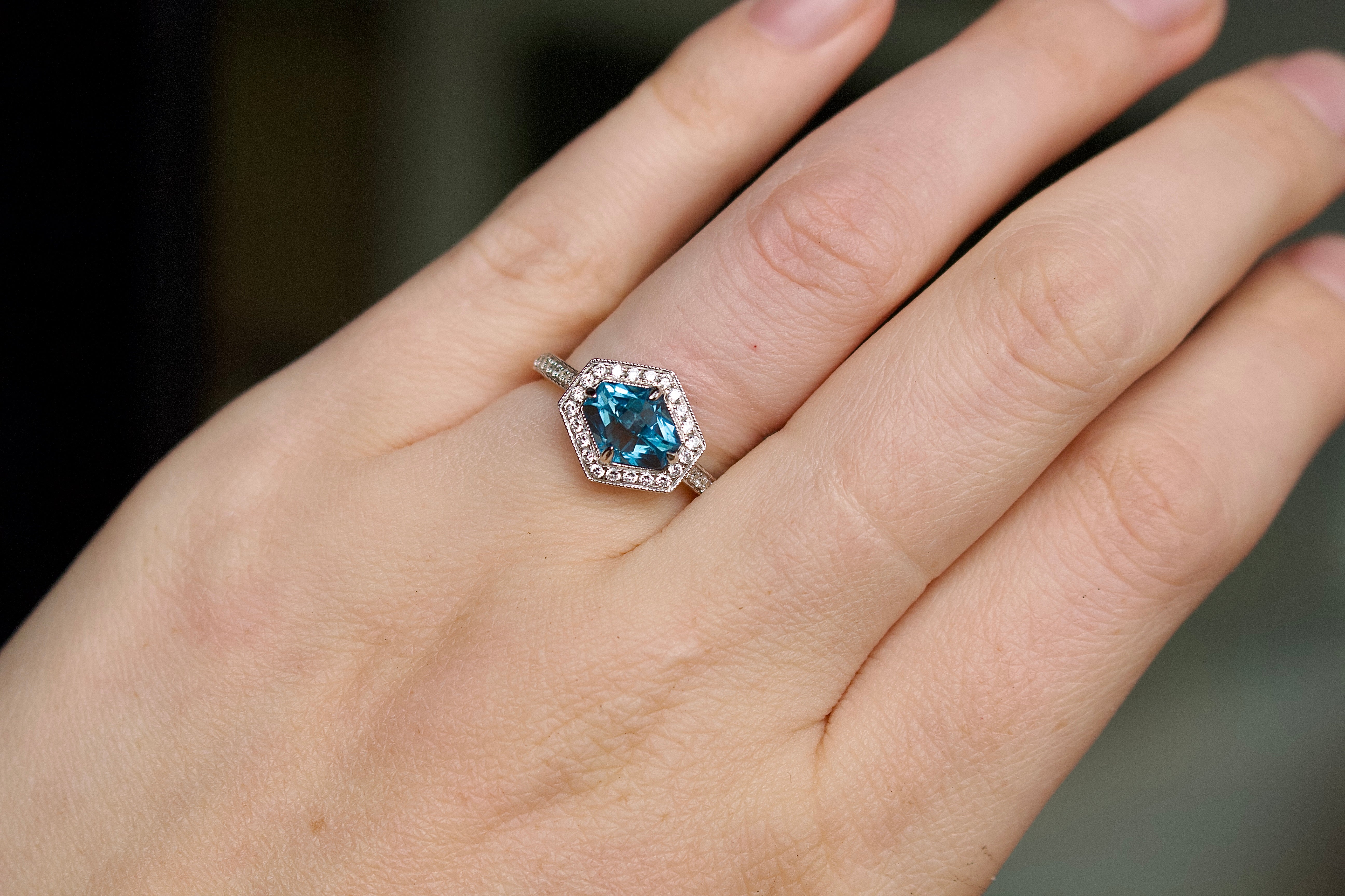 18ct White Gold Fancy Cut Topaz and Diamond Hexagon Halo Ring