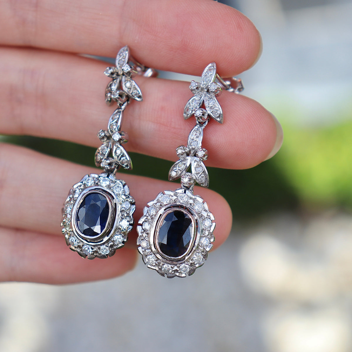 Palladium Sapphire and Single Cut Diamond Floral Drop Earrings
