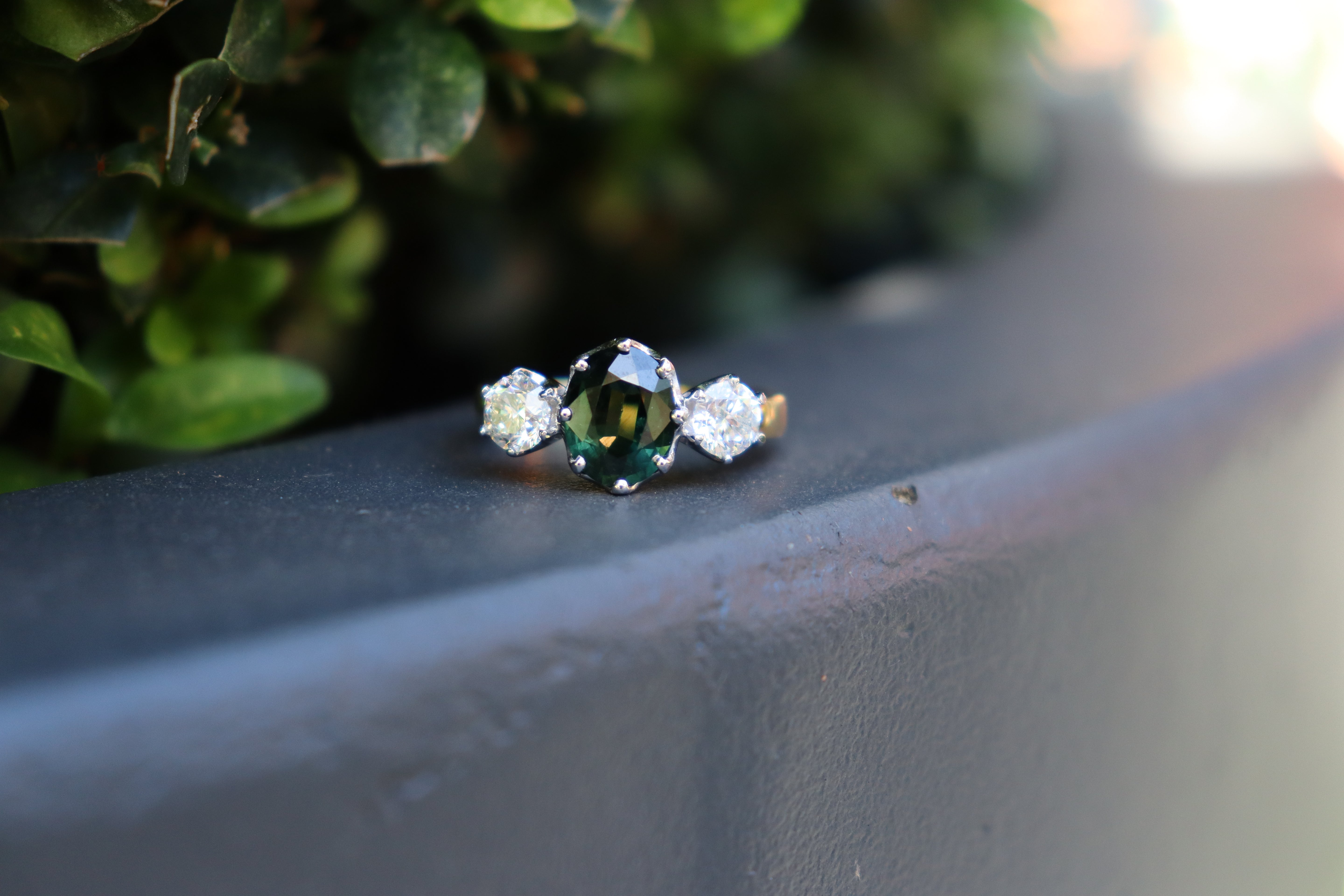 18ct Yellow and White Gold Green Sapphire and Diamond Vintage Style 3 Stone Ring