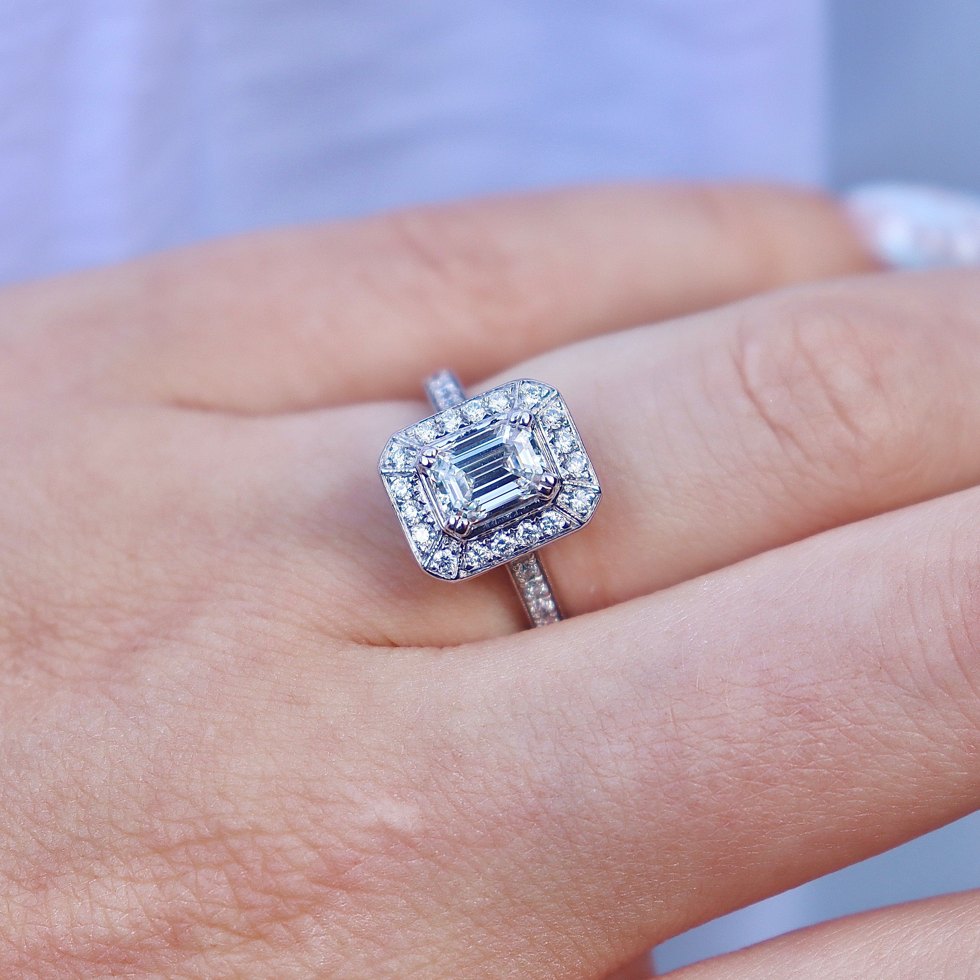 18ct White Gold Deco Style Emerald Cut Diamond Halo Ring