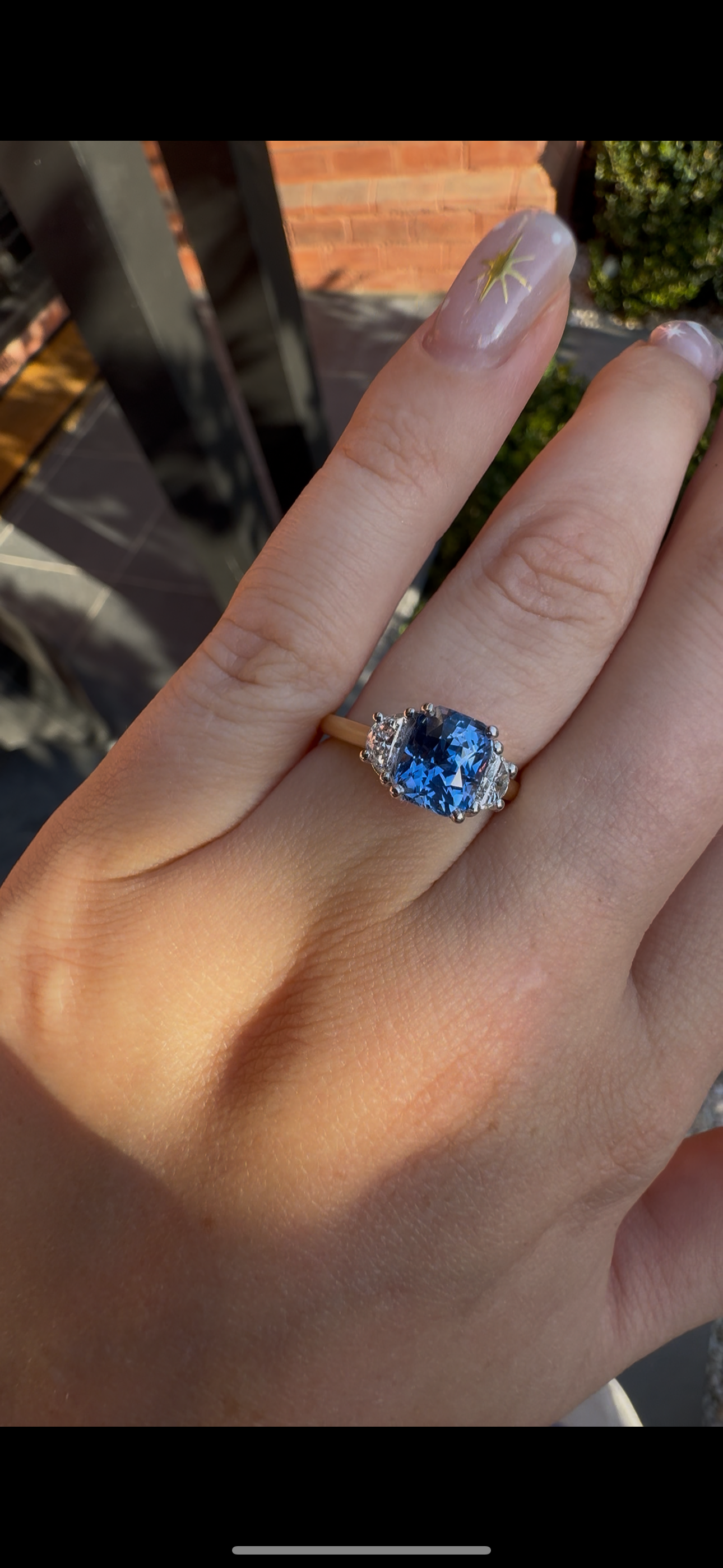 18ct Yellow and White Gold 2.60ct Cornflower Blue Sapphire and Half Moon Diamond 3 Stone Ring