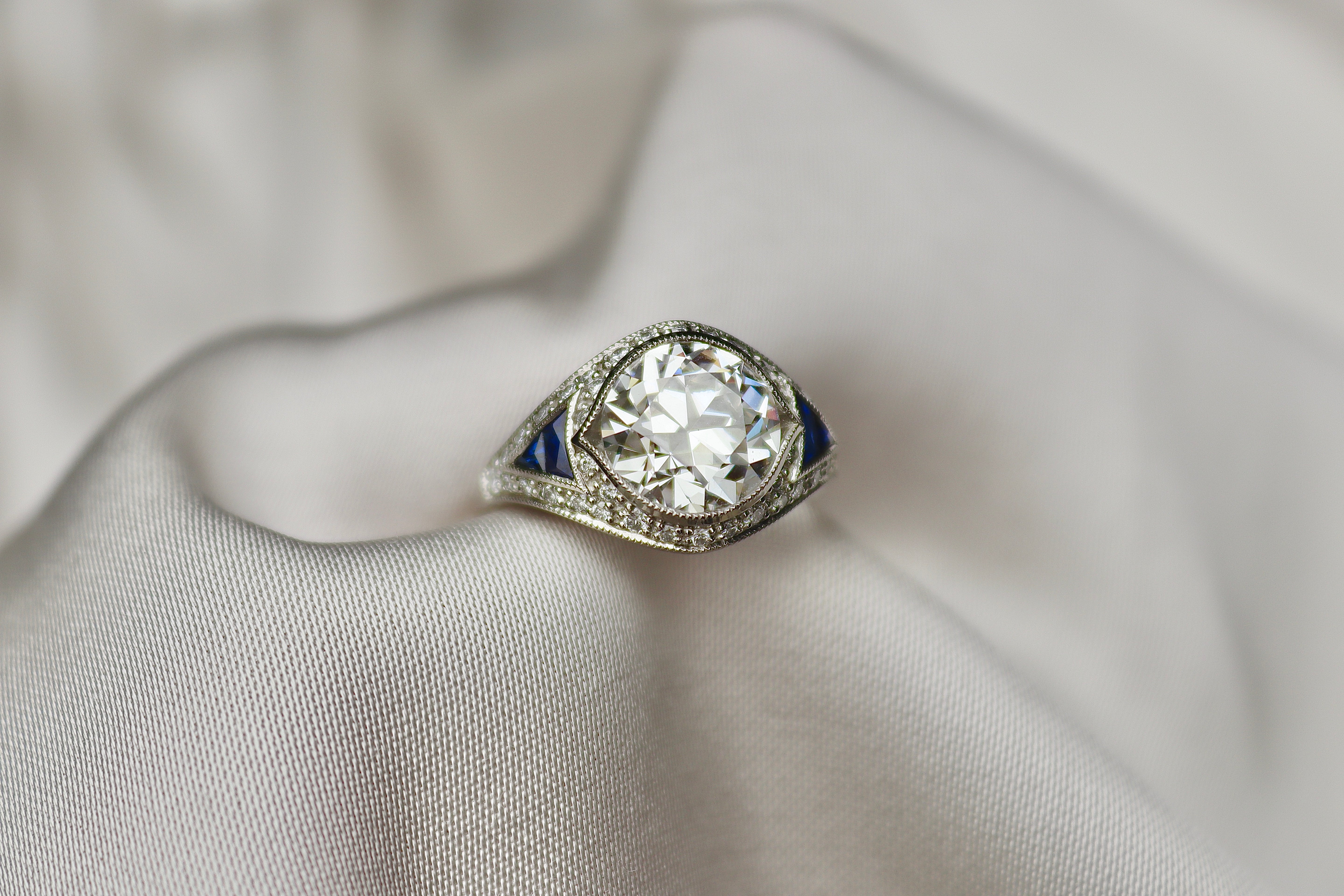 Platinum Lab Grown Old Cut Diamond and Sapphire Art Deco Style Ring