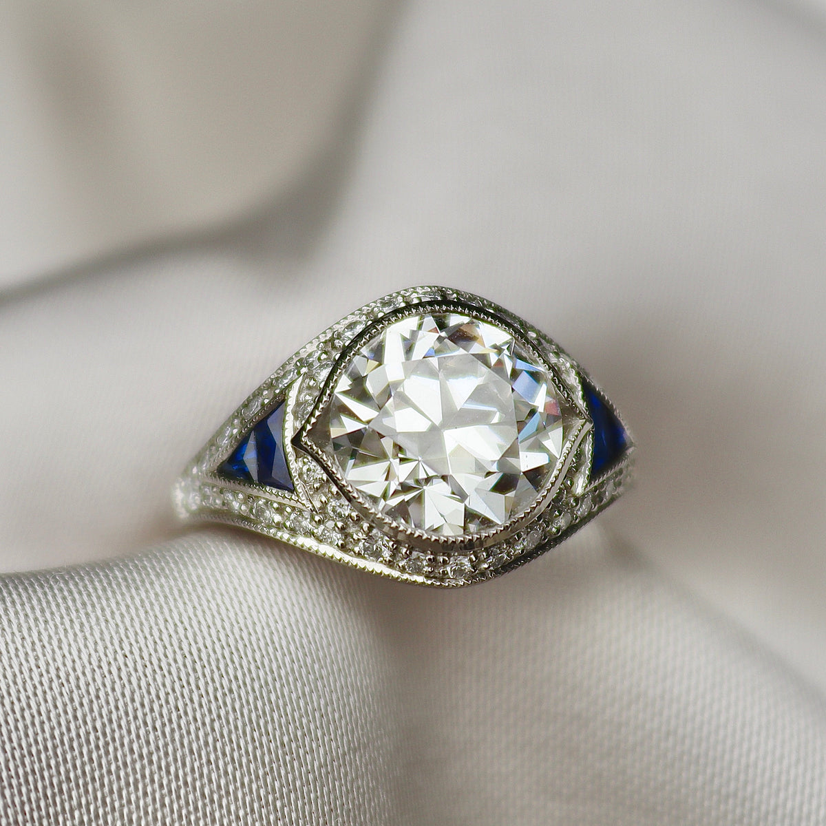 Platinum Lab Grown Old Cut Diamond and Sapphire Art Deco Style Ring