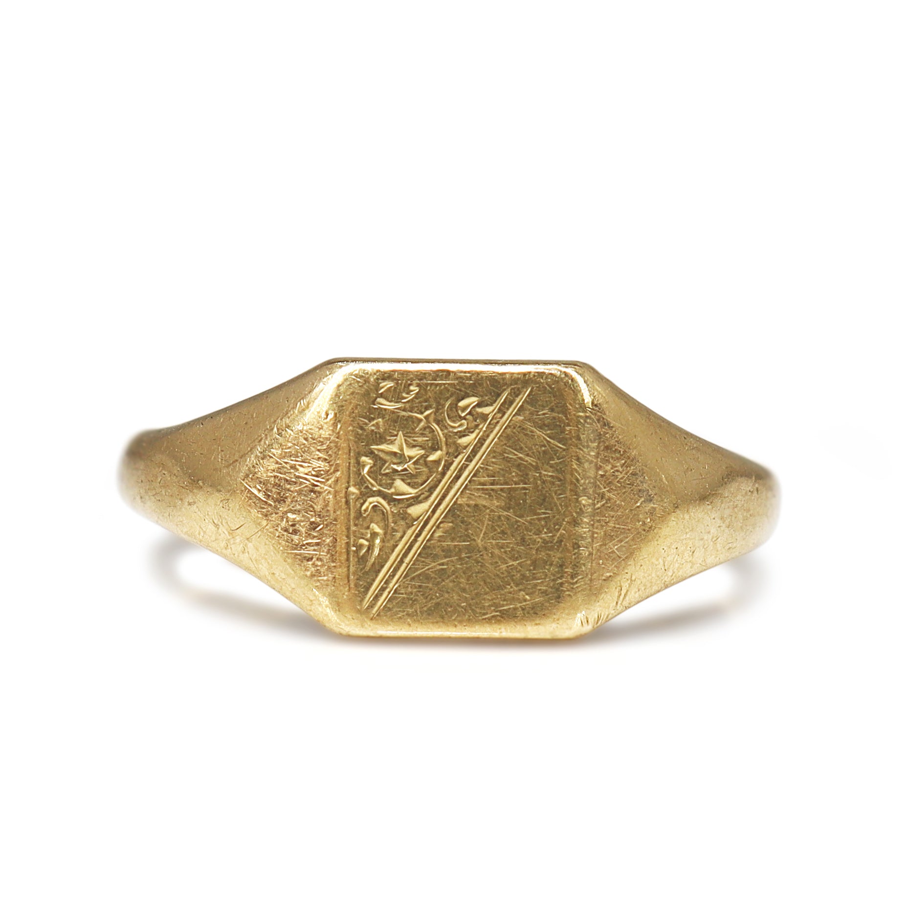 9ct yellow gold antique engraved square signet ring