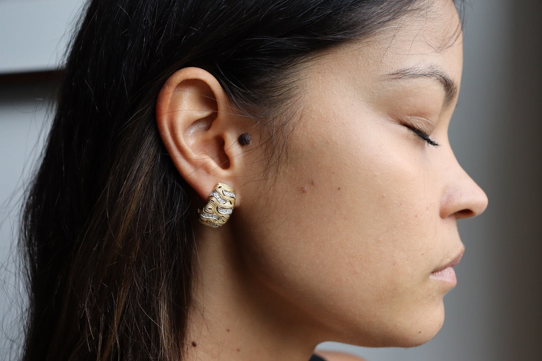 14ct Yellow and White Gold Diamond Swirl Engraved Earrings