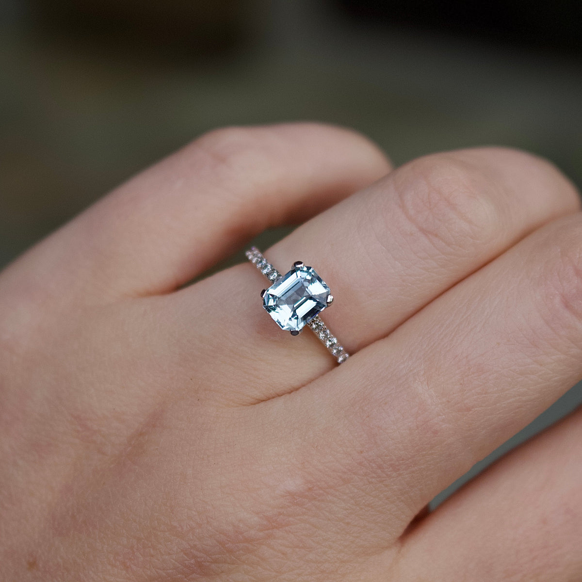 18ct White Gold Emerald Cut Aquamarine and Diamond Solitaire Ring