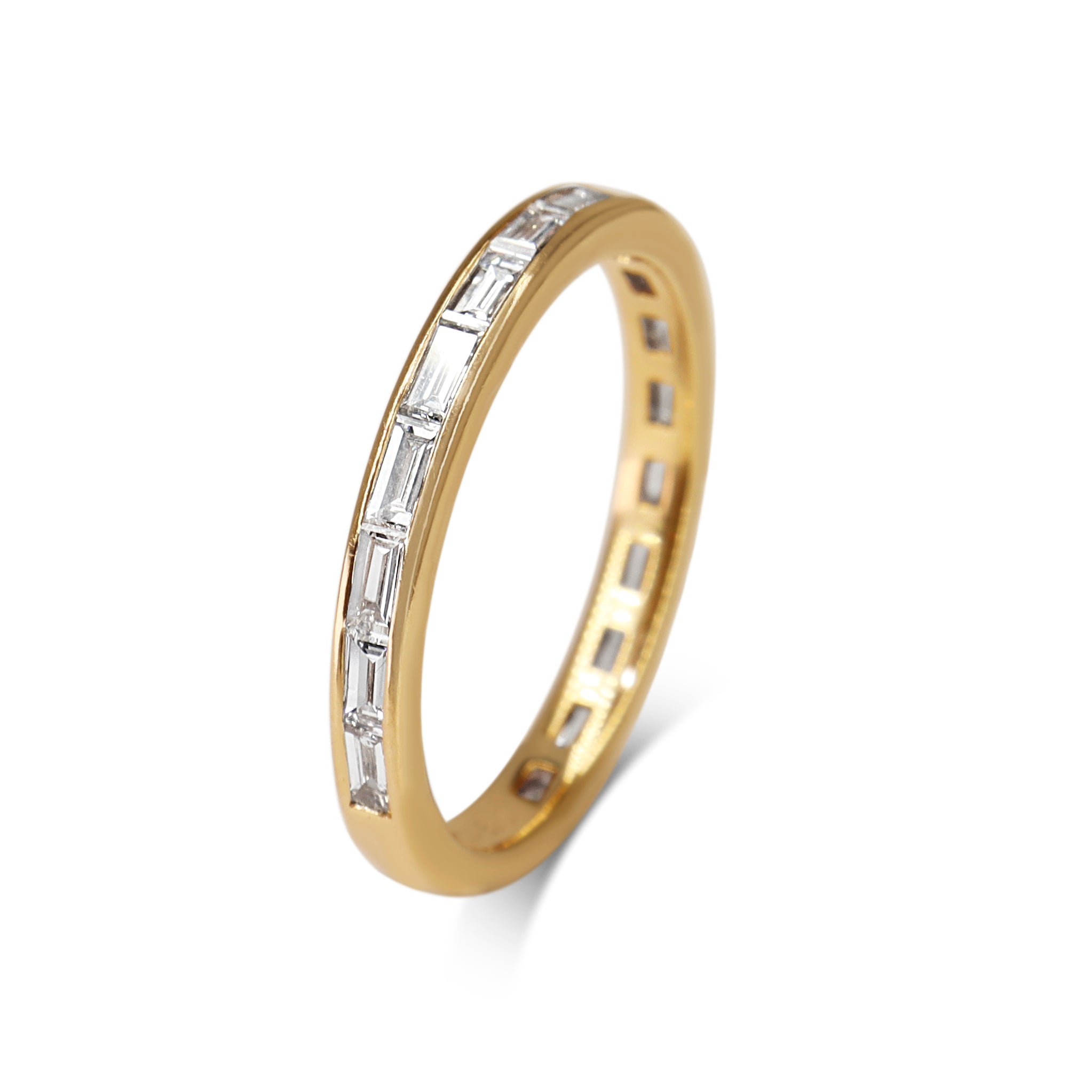 Close-up of baguette diamonds on an 18ct rose gold 1.00ct diamond wedding band
