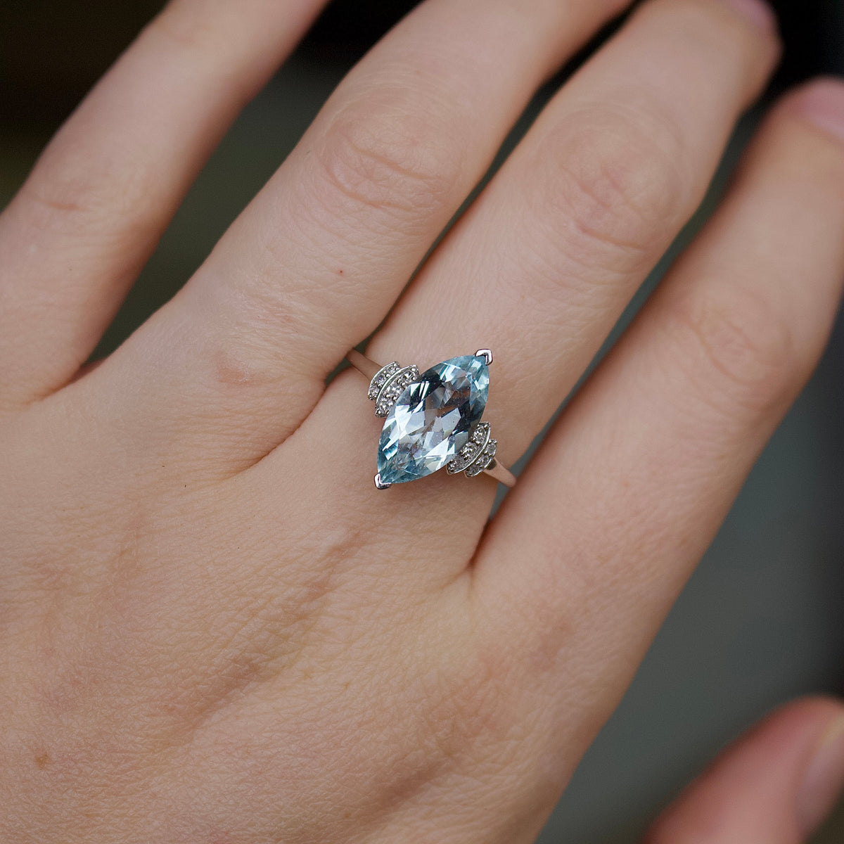9ct White Gold Aquamarine and Step Down Diamond Ring