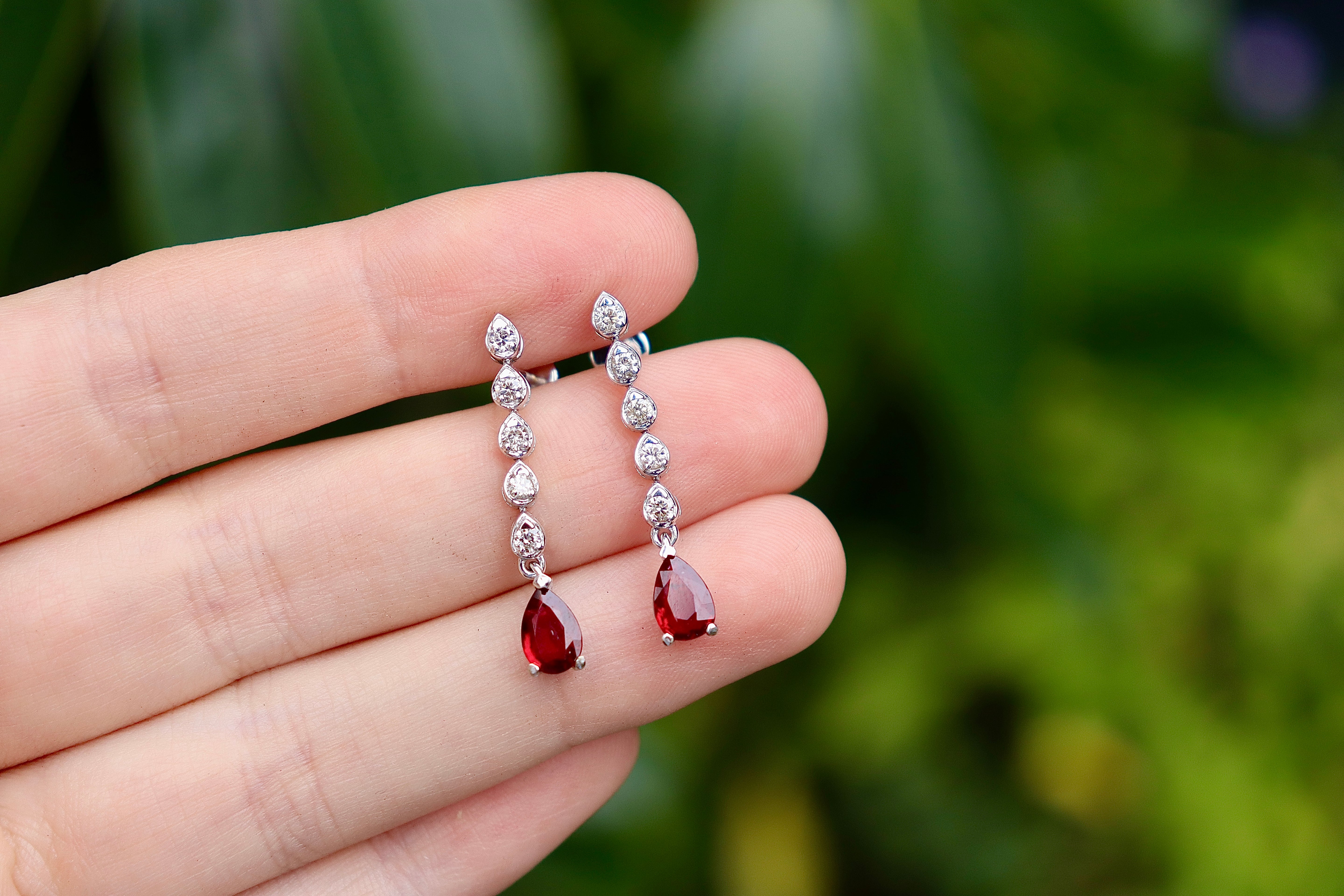18ct White Gold Ruby and Diamond Drop Earrings