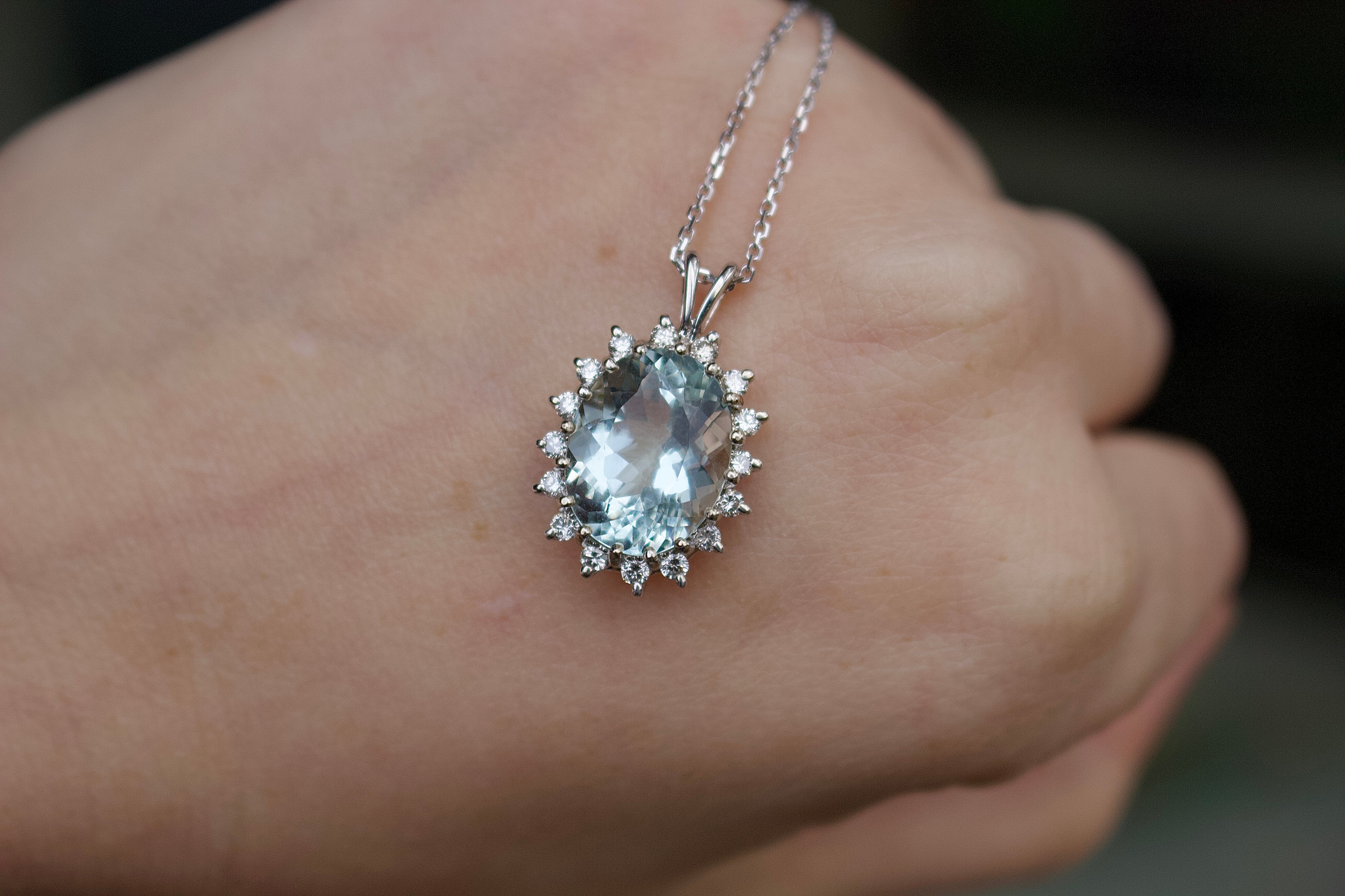 14ct White Gold Aquamarine and Diamond Halo Pendant