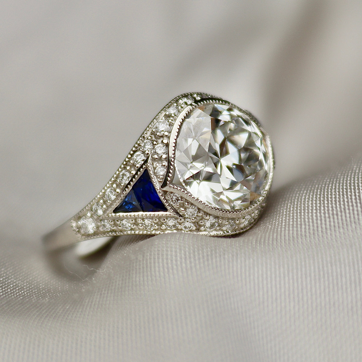 Platinum Lab Grown Old Cut Diamond and Sapphire Art Deco Style Ring