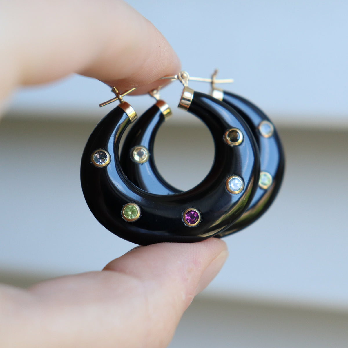 14ct Yellow Gold Onyx, Citrine, Peridot, Topaz and Quartz Hoop Earrings
