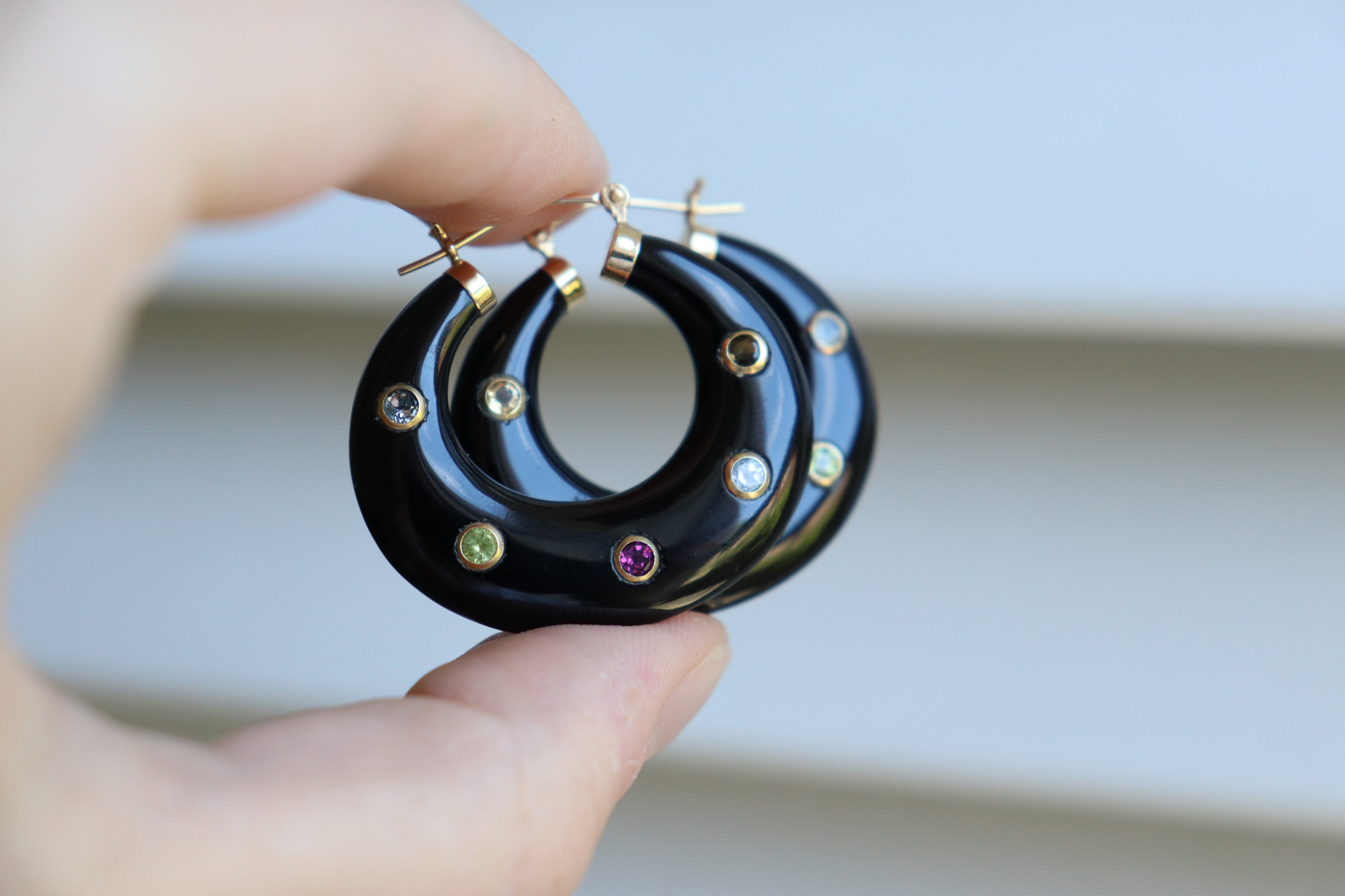 14ct Yellow Gold Onyx, Citrine, Peridot, Topaz and Quartz Hoop Earrings