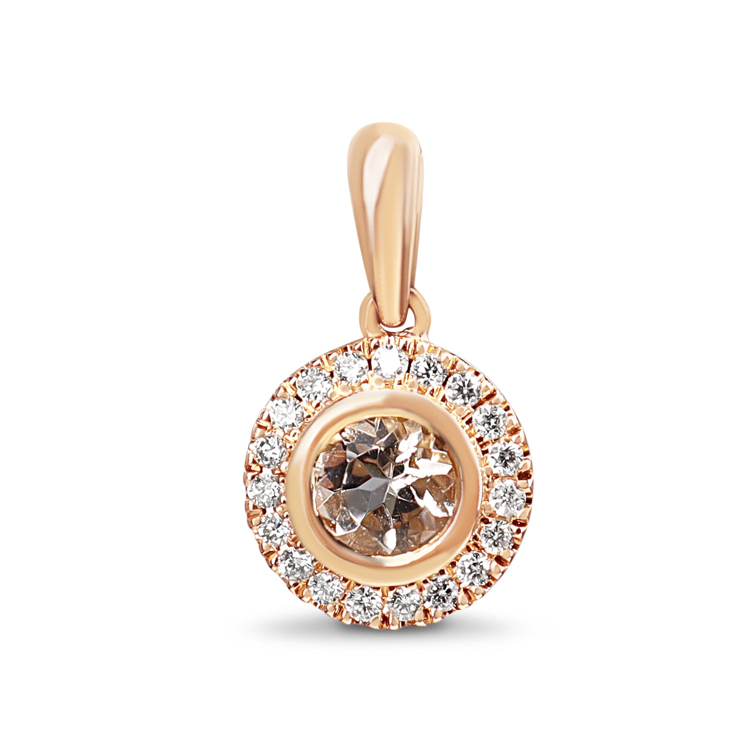 9ct Rose Gold Morganite & Diamond Halo Necklace on white background