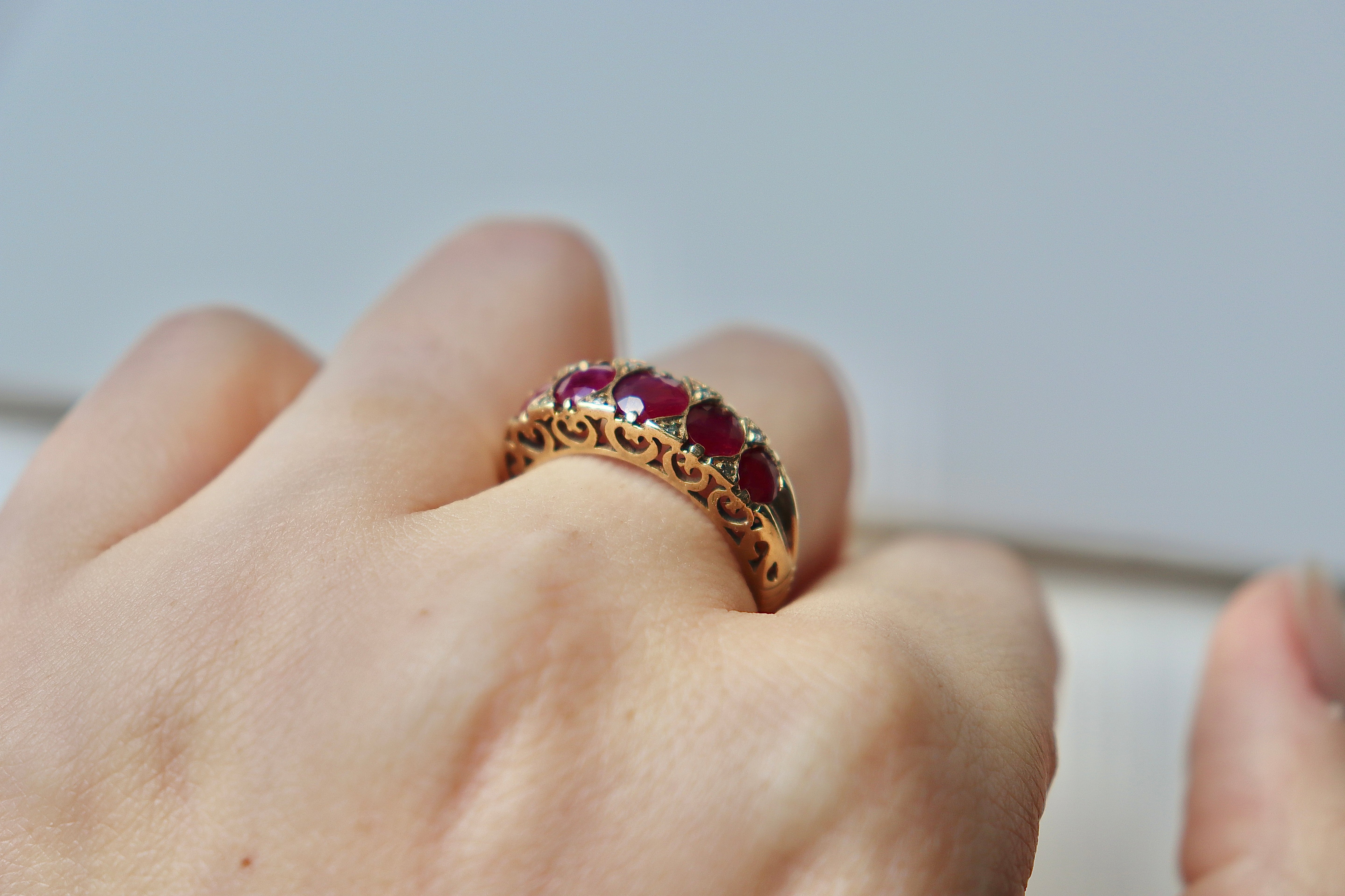 9ct Yellow Gold 5 Stone Ruby and Diamond Vintage Ring