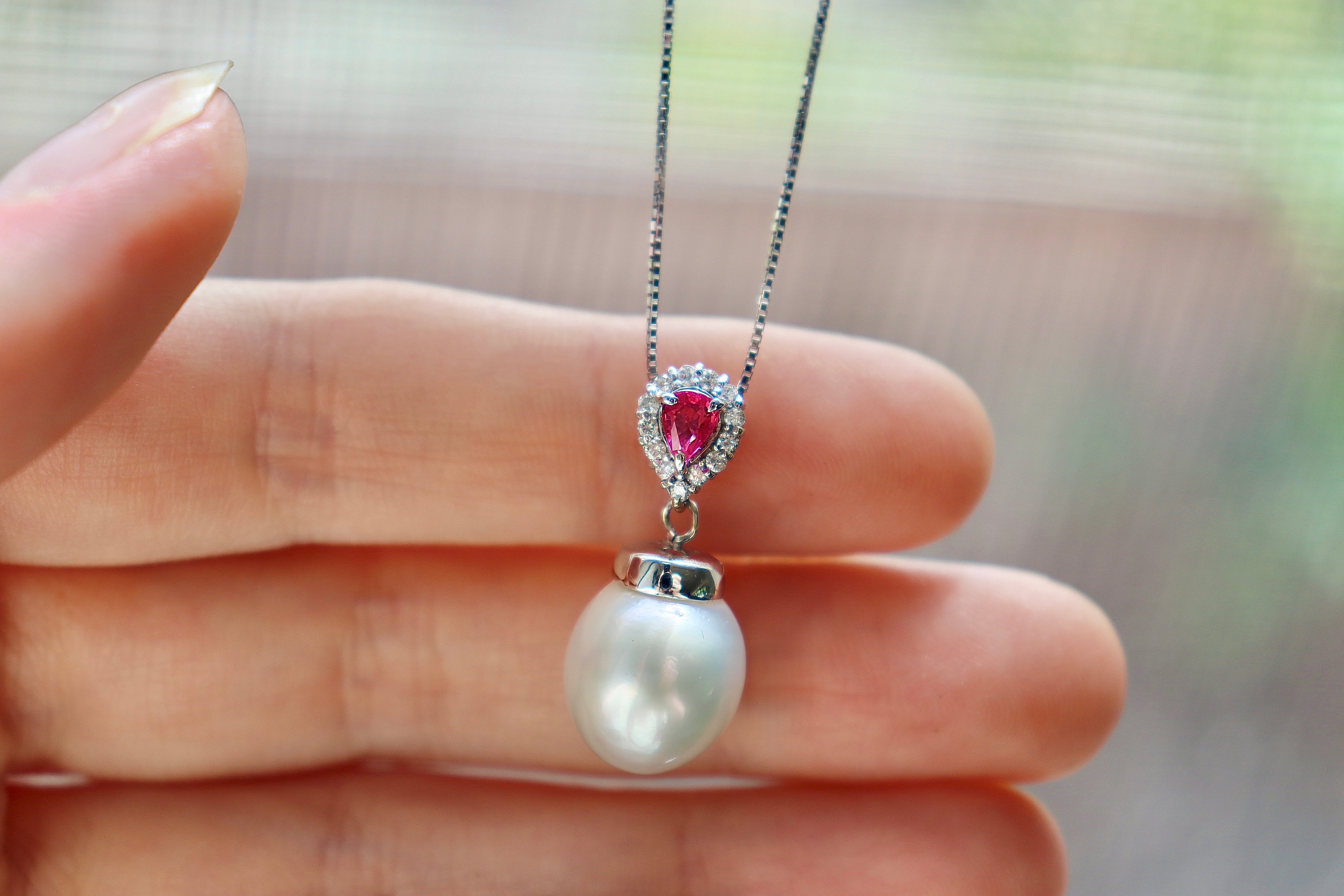 18ct White Gold Ruby, Diamond and South Sea 12mm Pearl Necklace