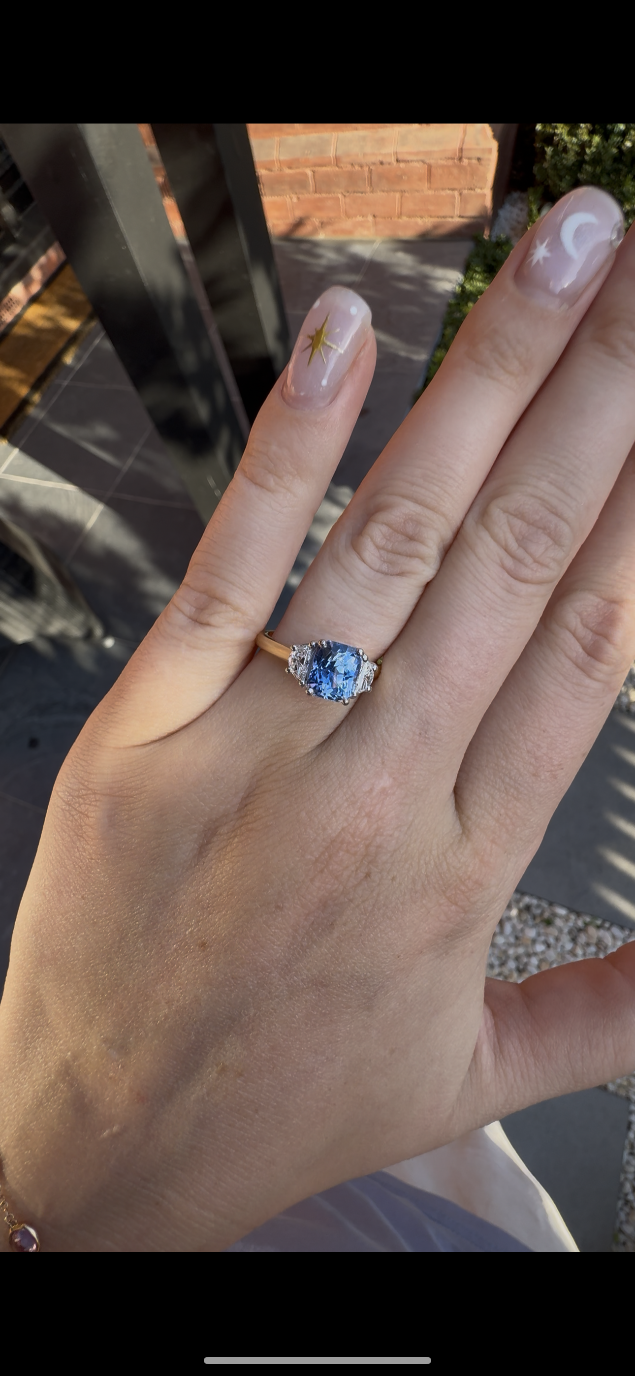 18ct Yellow and White Gold 2.60ct Cornflower Blue Sapphire and Half Moon Diamond 3 Stone Ring