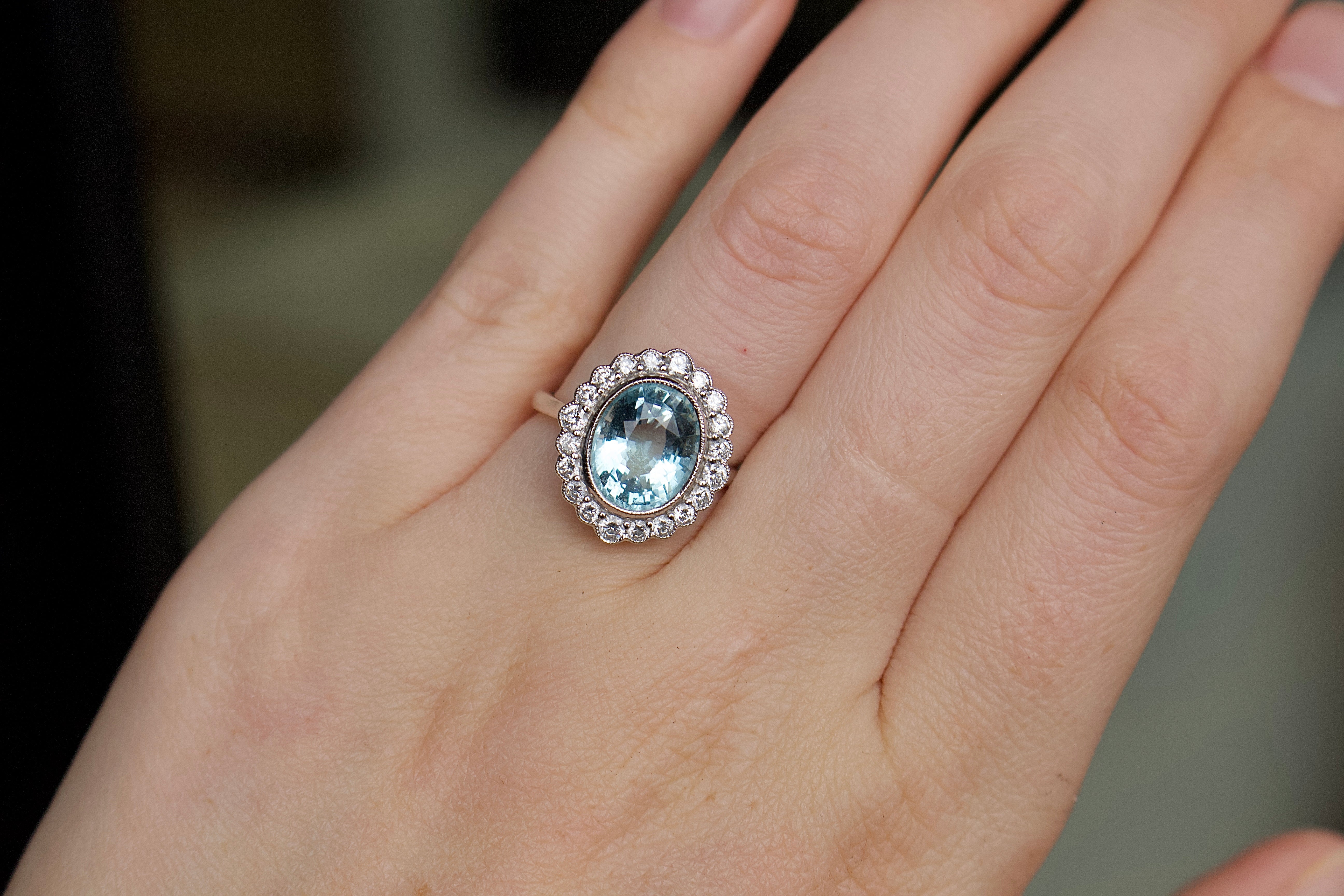 18ct White Gold Aquamarine and Diamond Daisy Ring