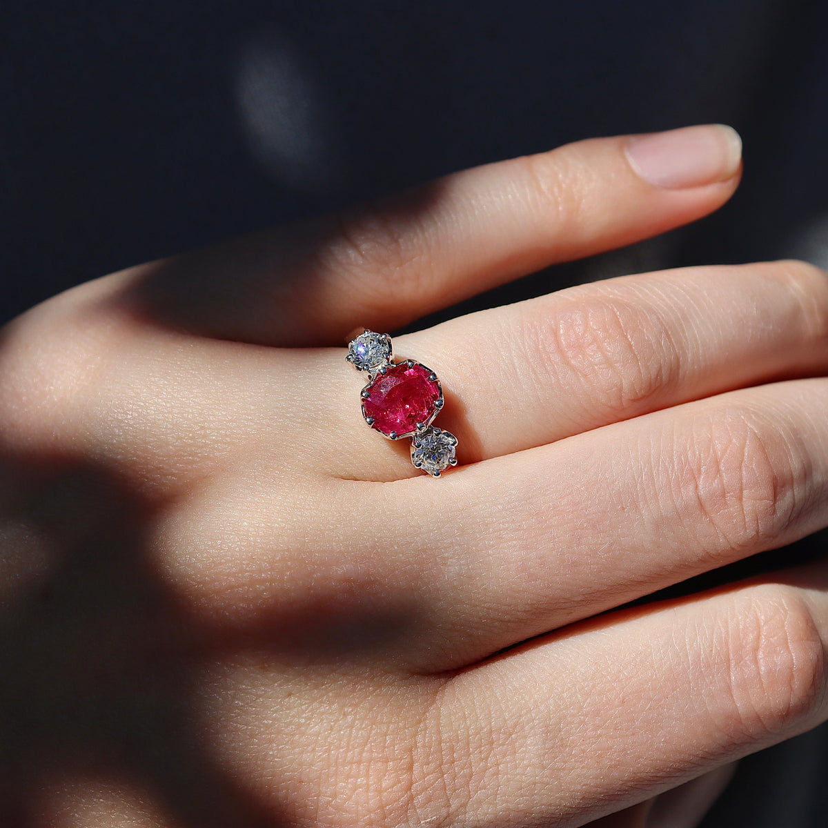 18ct Yellow and White Gold Vintage Style Ruby and Diamond 3 Stone Ring