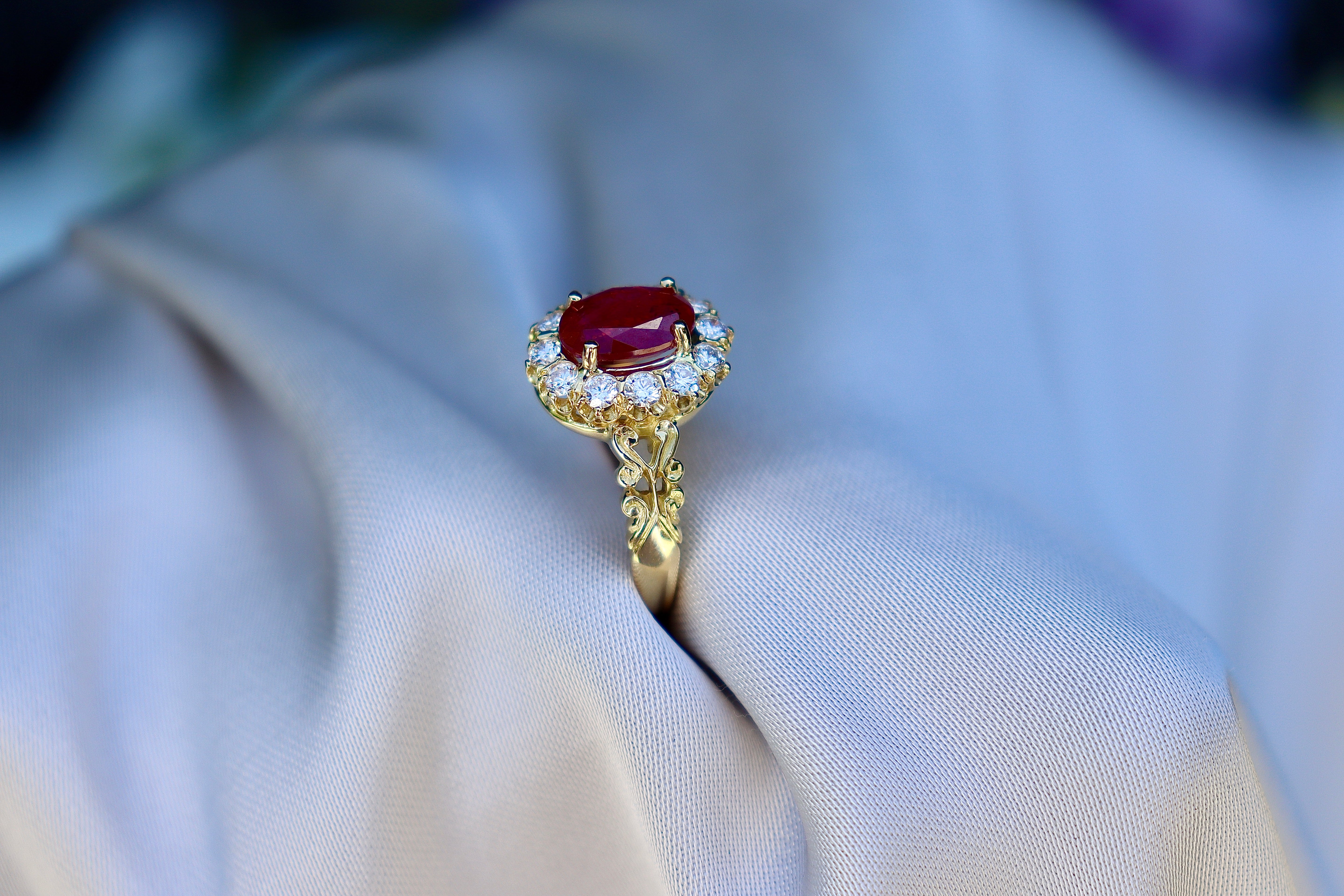 18ct Yellow Gold Antique Style Ruby and Diamond Halo Cluster Ring