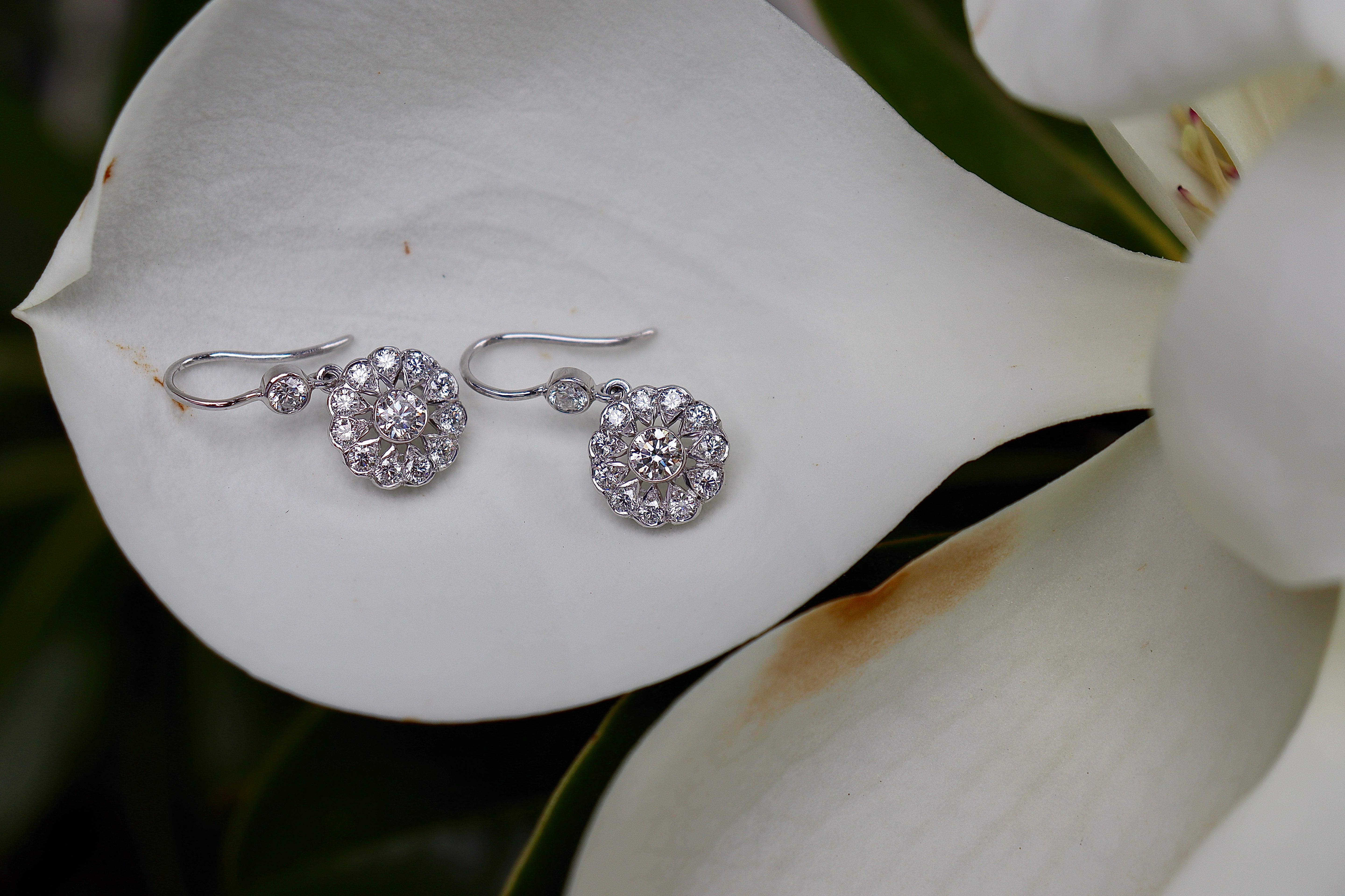 18ct White Gold Diamond Drop Deco Style Earrings