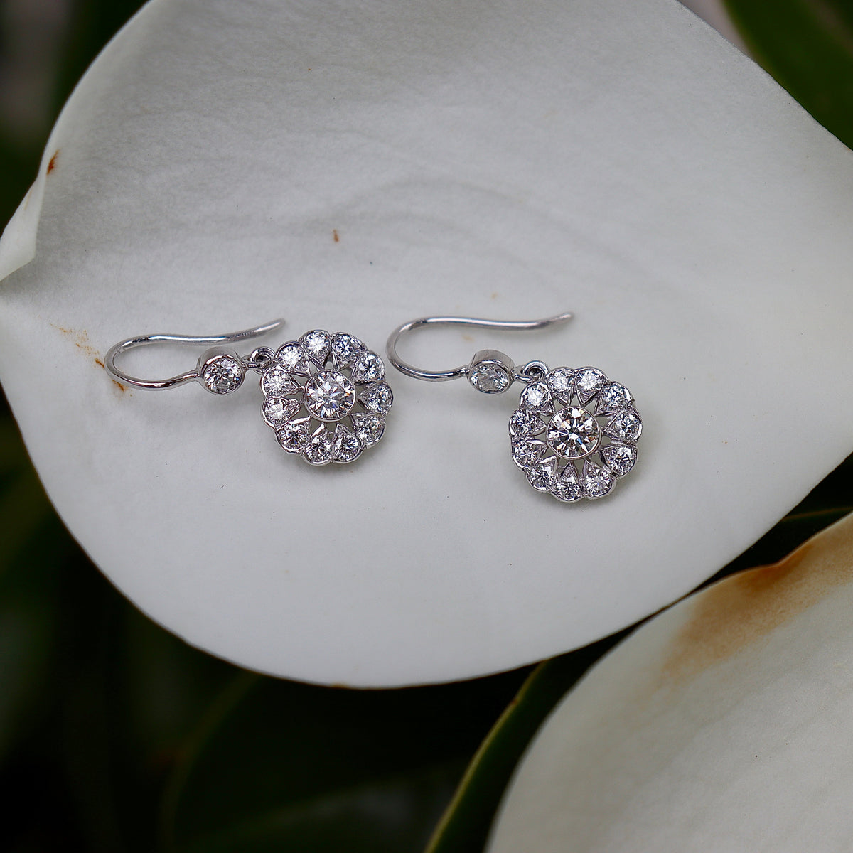 18ct White Gold Diamond Drop Deco Style Earrings