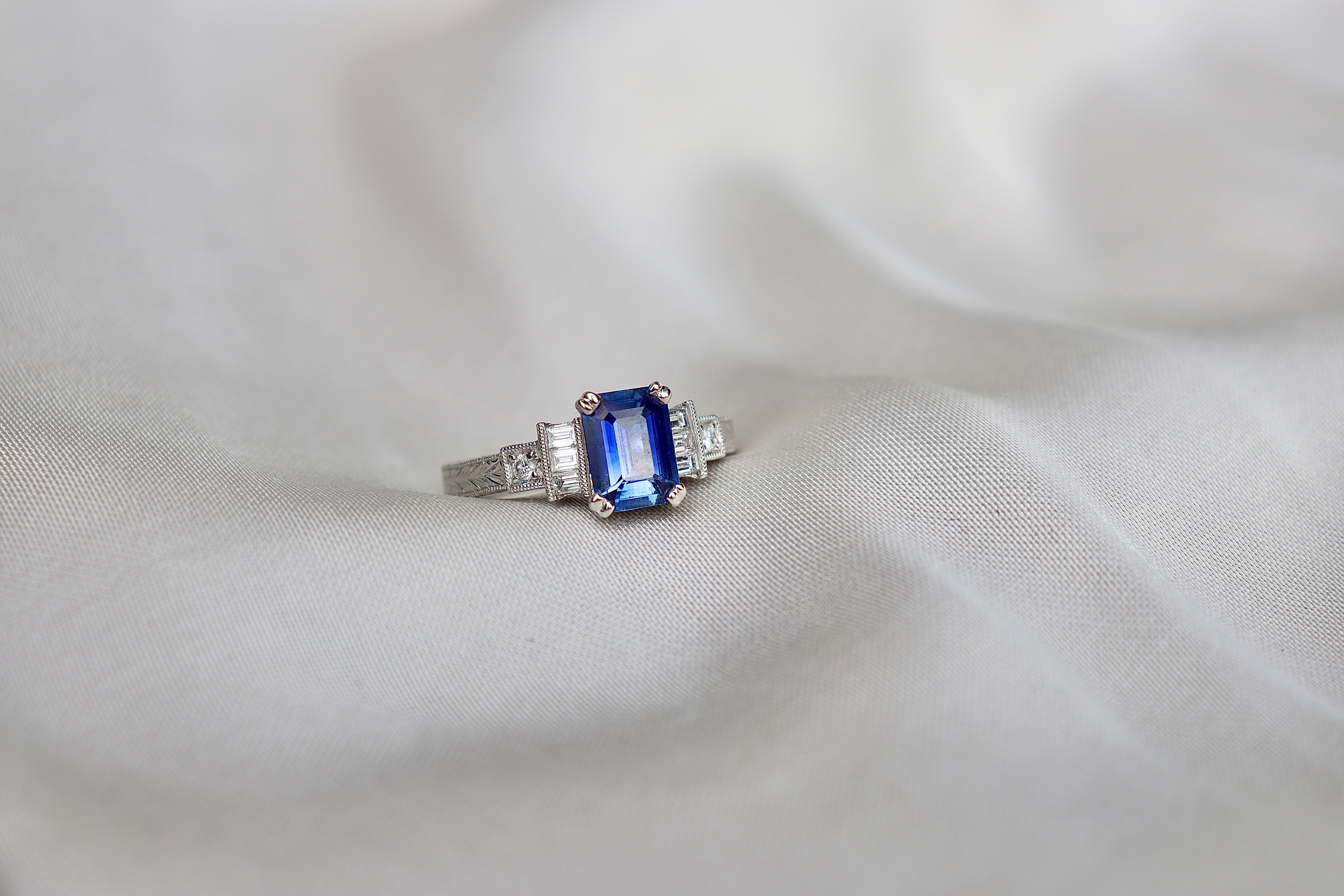 Platinum Sapphire and Diamond Art Deco Style Engraved Band Ring