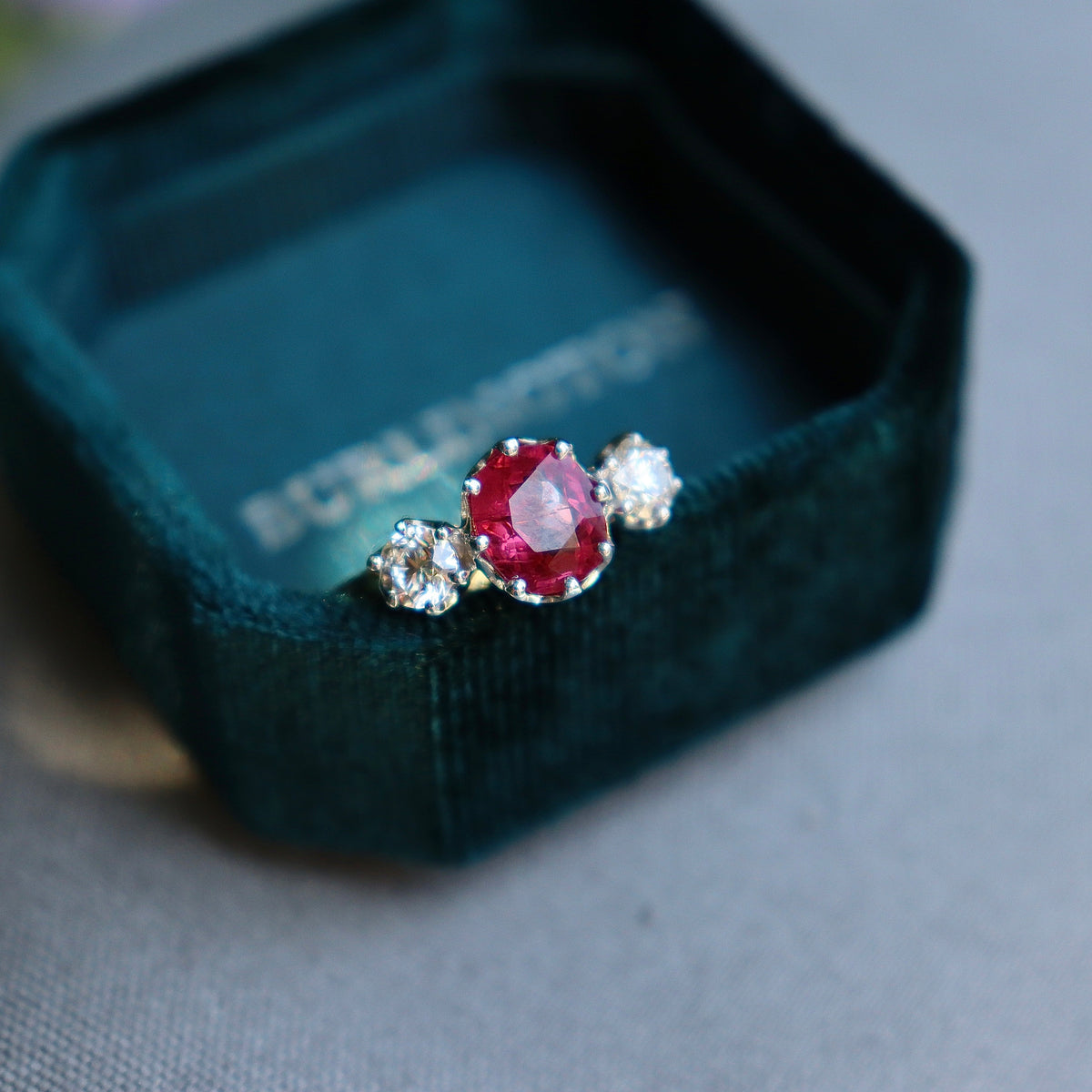 18ct Yellow and White Gold Vintage Style Ruby and Diamond 3 Stone Ring