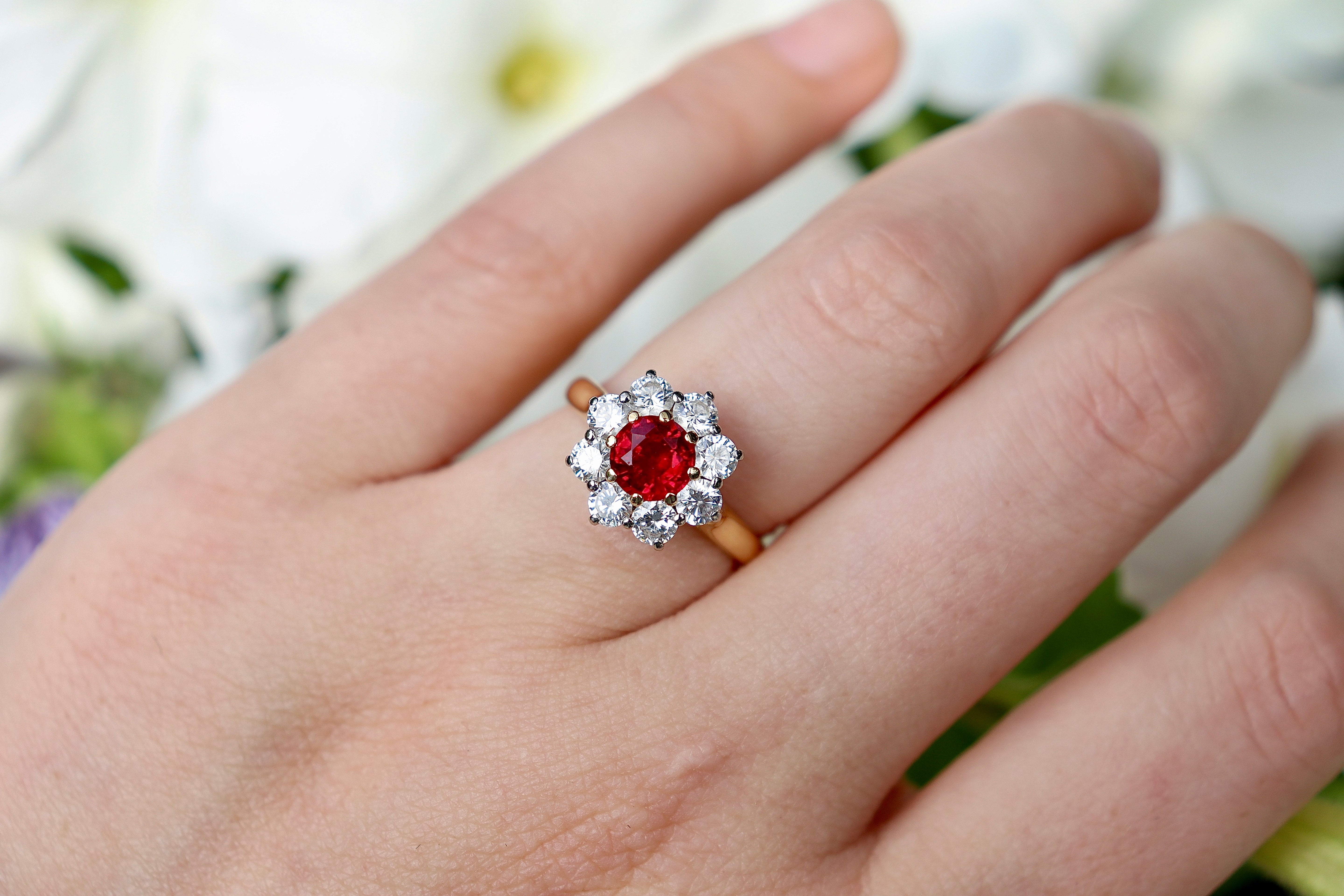 18ct Yellow Gold Ruby and Diamond Halo Cluster Ring