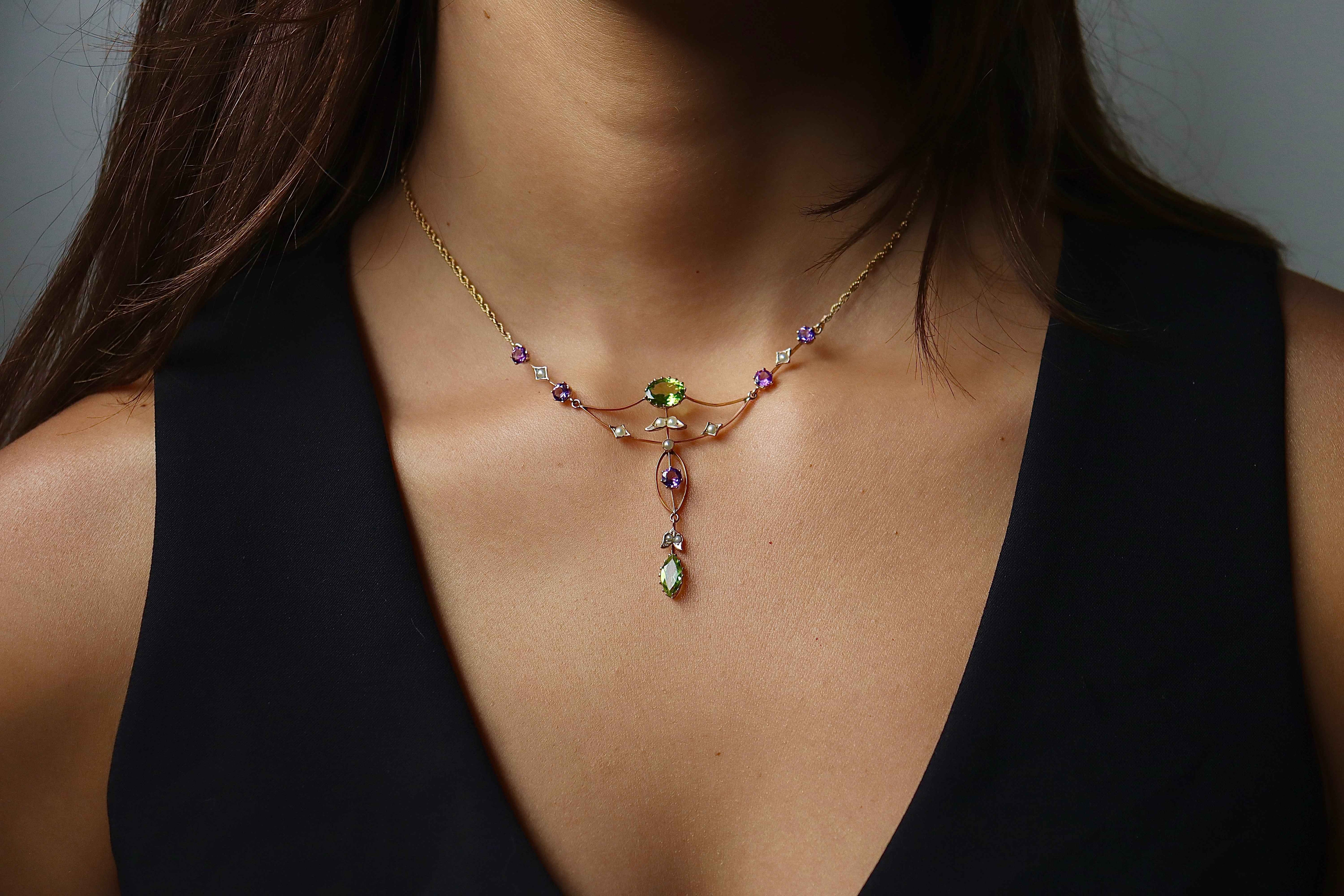 15ct Yellow Gold Antique Peridot, Pearl and Amethyst Suffragette Necklace