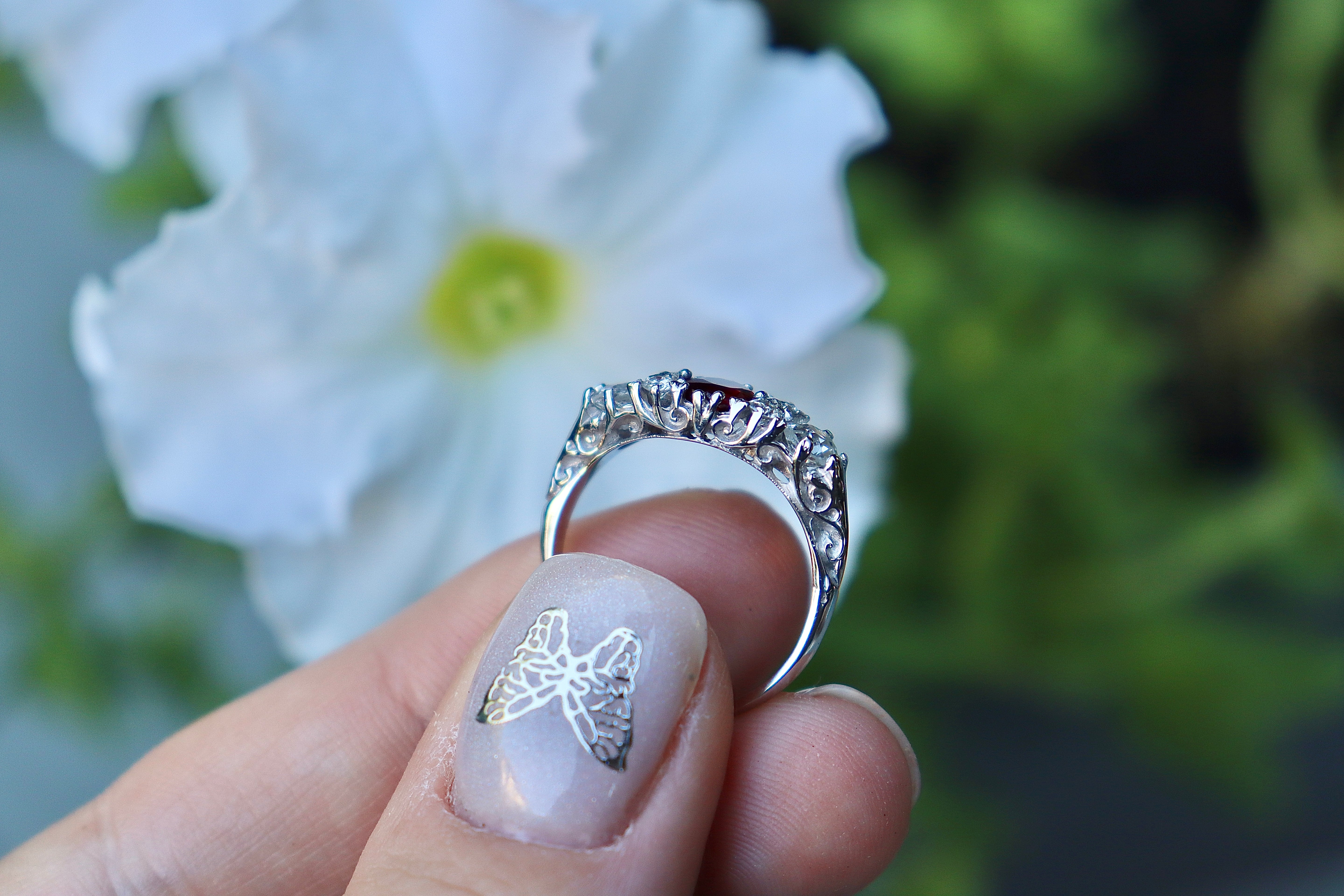 18ct White Gold Ruby and Old Cut Diamond Victorian Style Ring