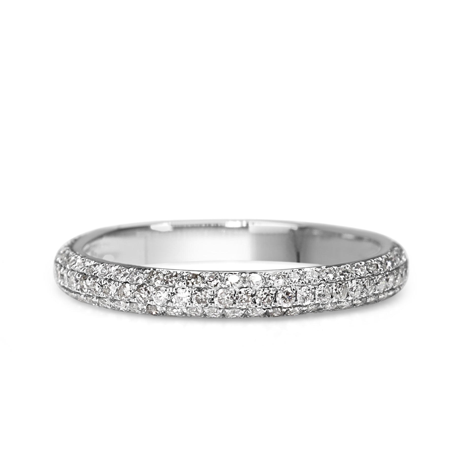 18ct white gold pavé diamond wedding band featuring .55ct total diamond weight and a refined 2.5mm profile