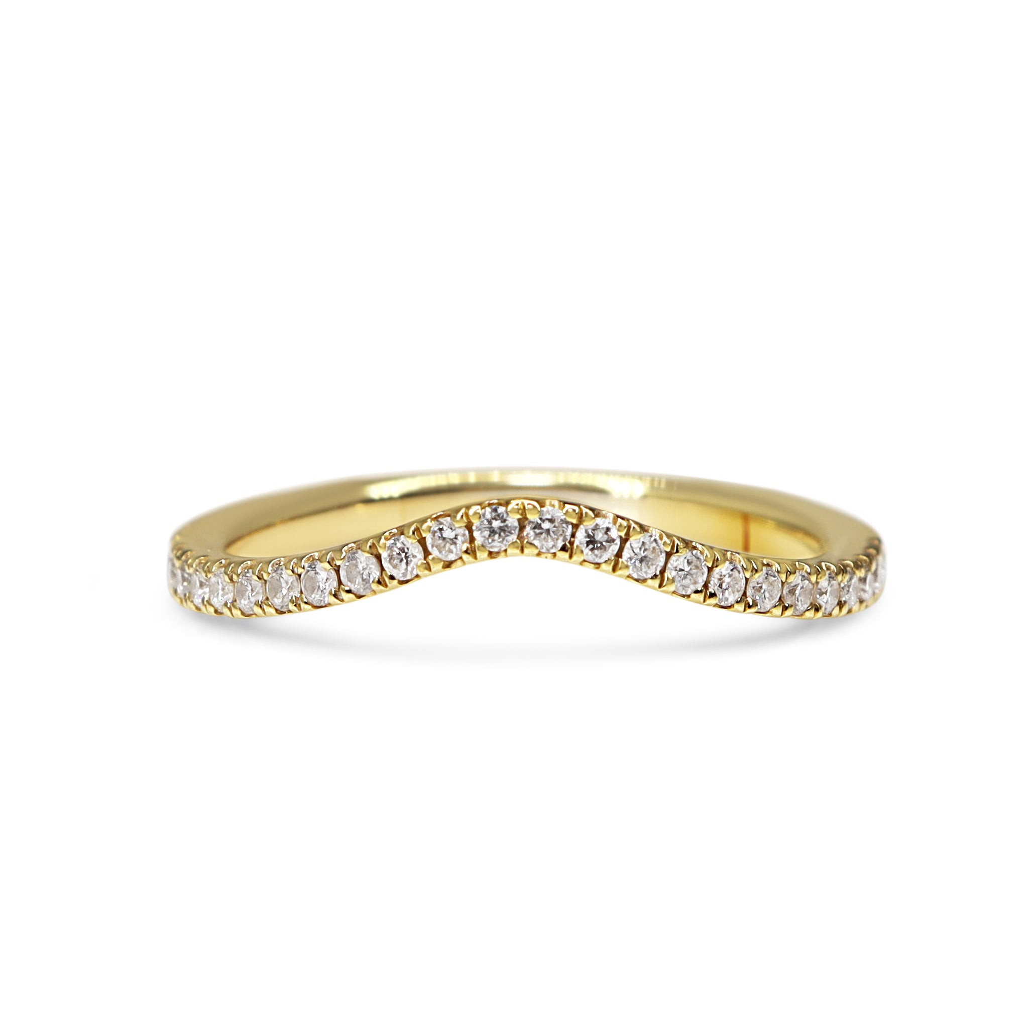 18ct yellow gold diamond curved band ring with .25ct total diamond weight and a slim 1.7mm profile