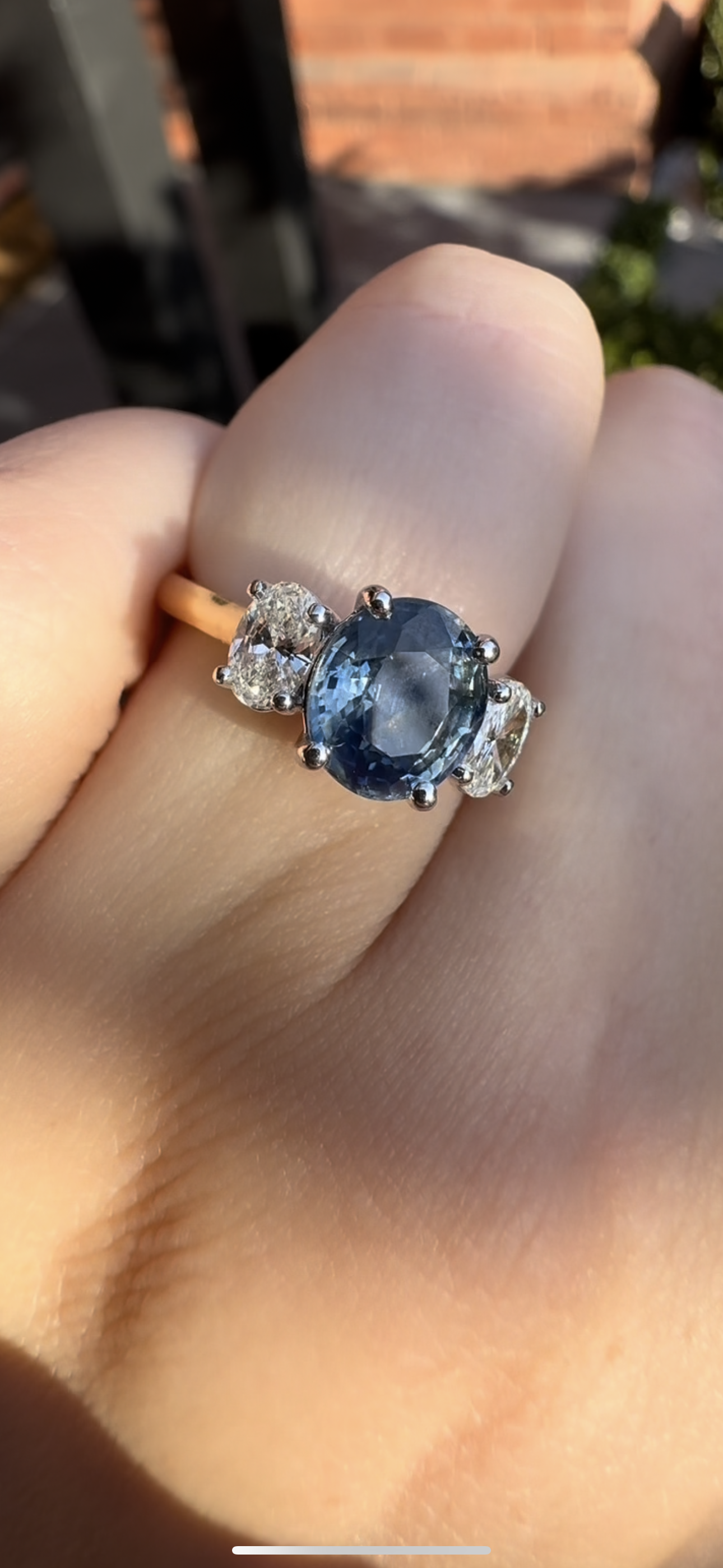 18ct Yellow and White Gold Oval Sapphire and Diamond 3 Stone Ring