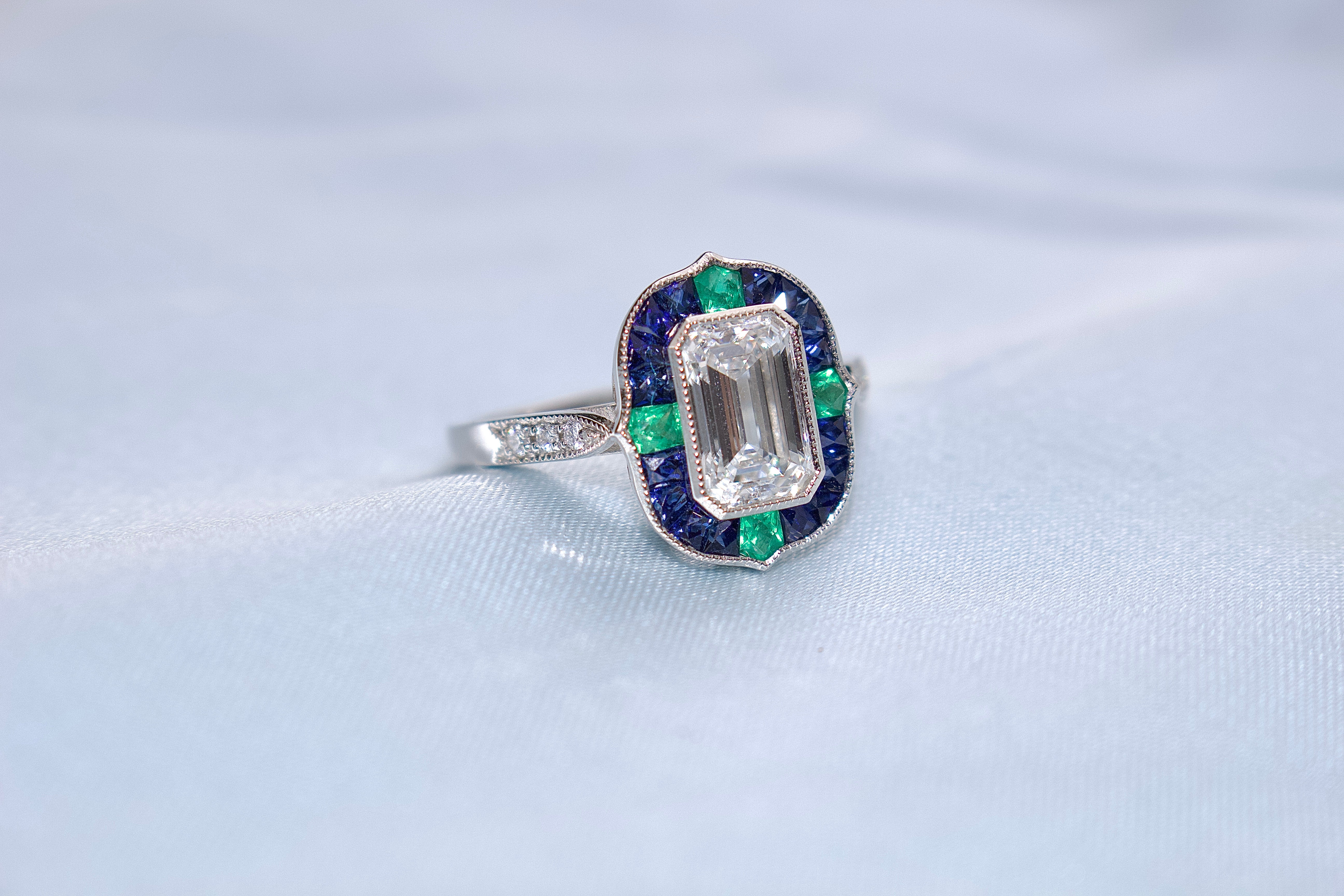 Platinum Lab Grown Emerald Cut Diamond and Sapphire and Emerald Art Deco Style Halo Ring