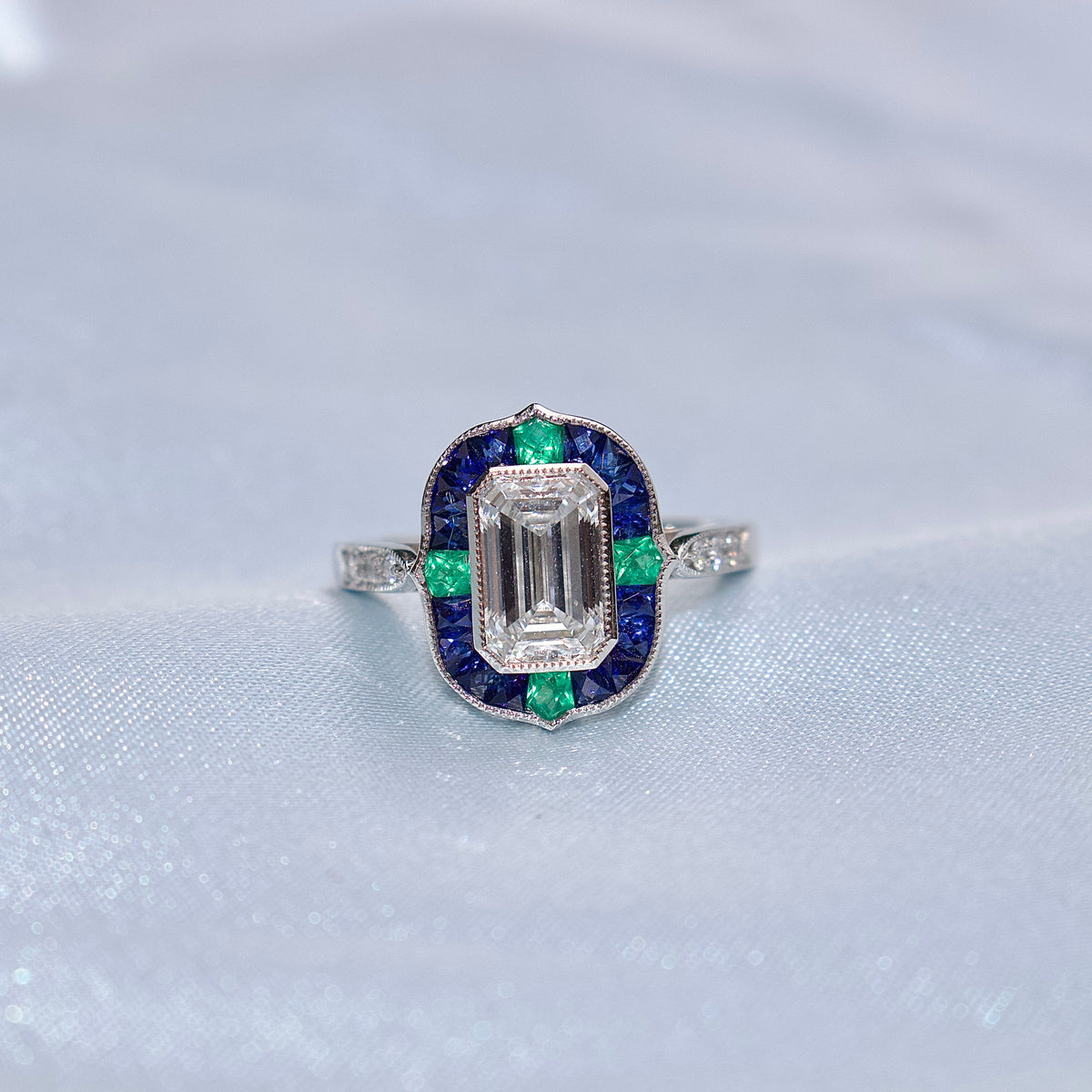 Platinum Lab Grown Emerald Cut Diamond and Sapphire and Emerald Art Deco Style Halo Ring