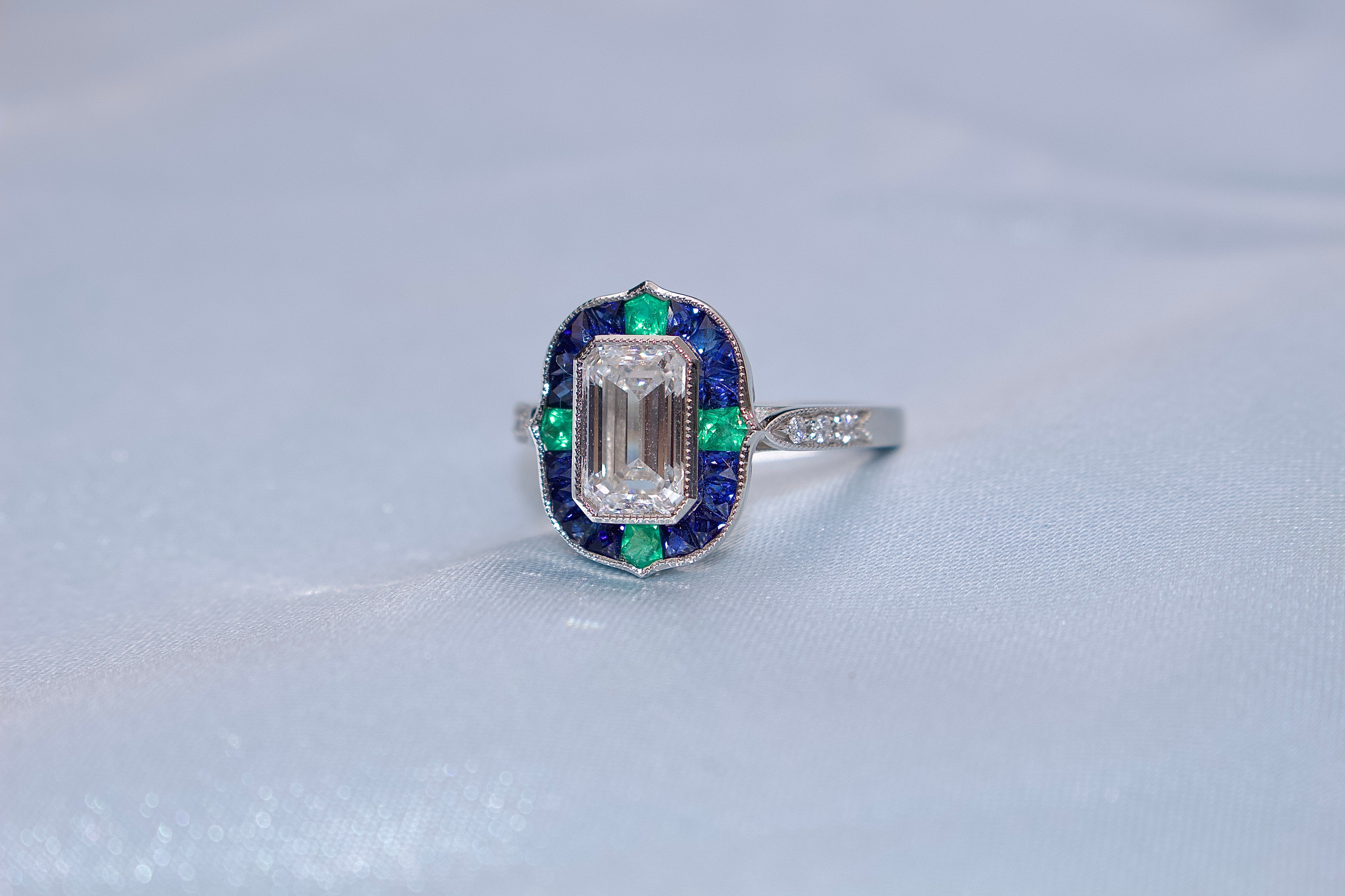 Platinum Lab Grown Emerald Cut Diamond and Sapphire and Emerald Art Deco Style Halo Ring