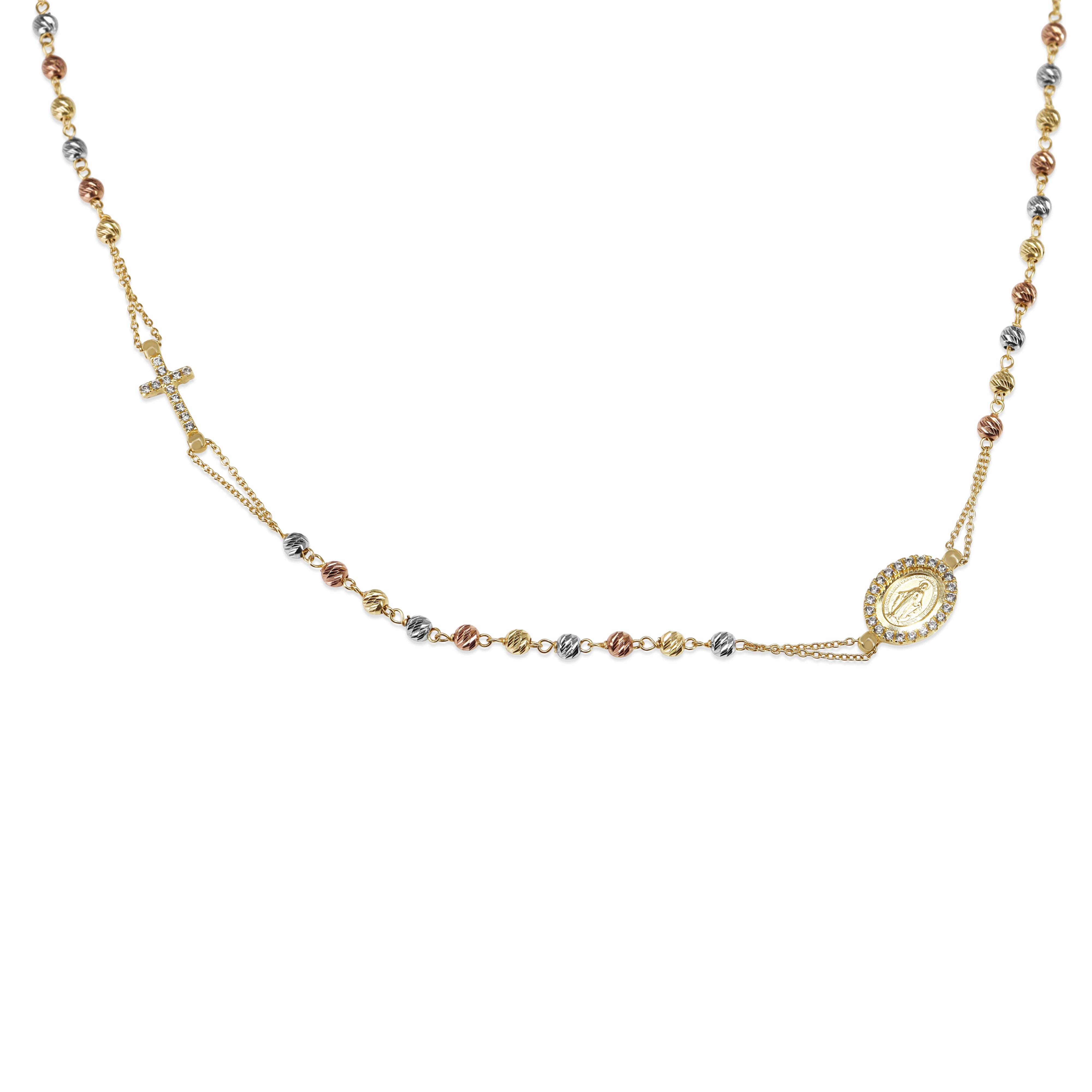 18ct Yellow, Rose and White Rosary Bead Necklace With Sapphires and Diamonds