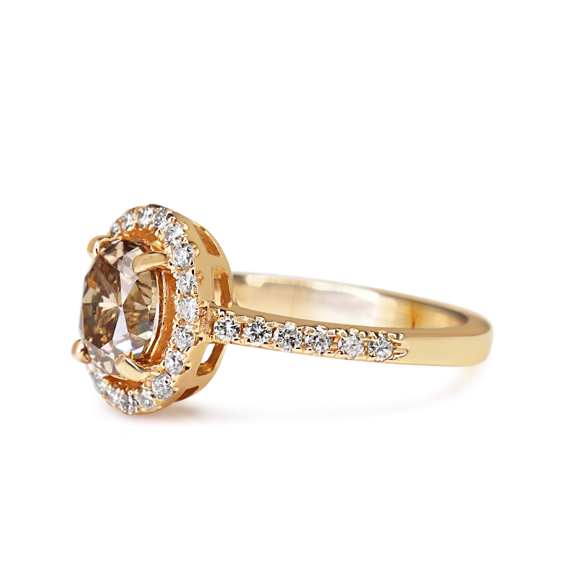 18ct Rose Gold Oval Champagne Diamond Halo Ring