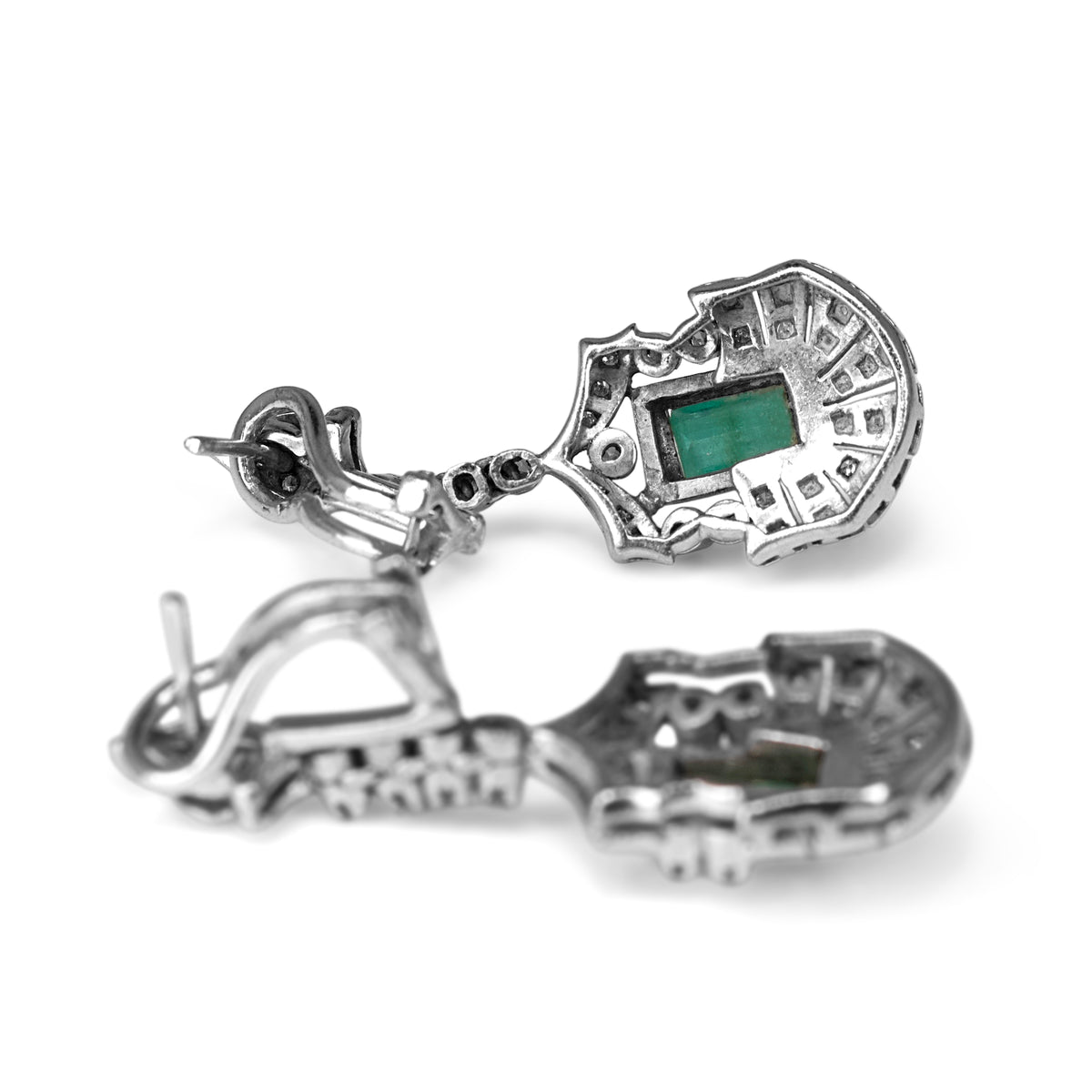 Palladium Art Deco Emerald and Single Cut Diamond Drop Earrings